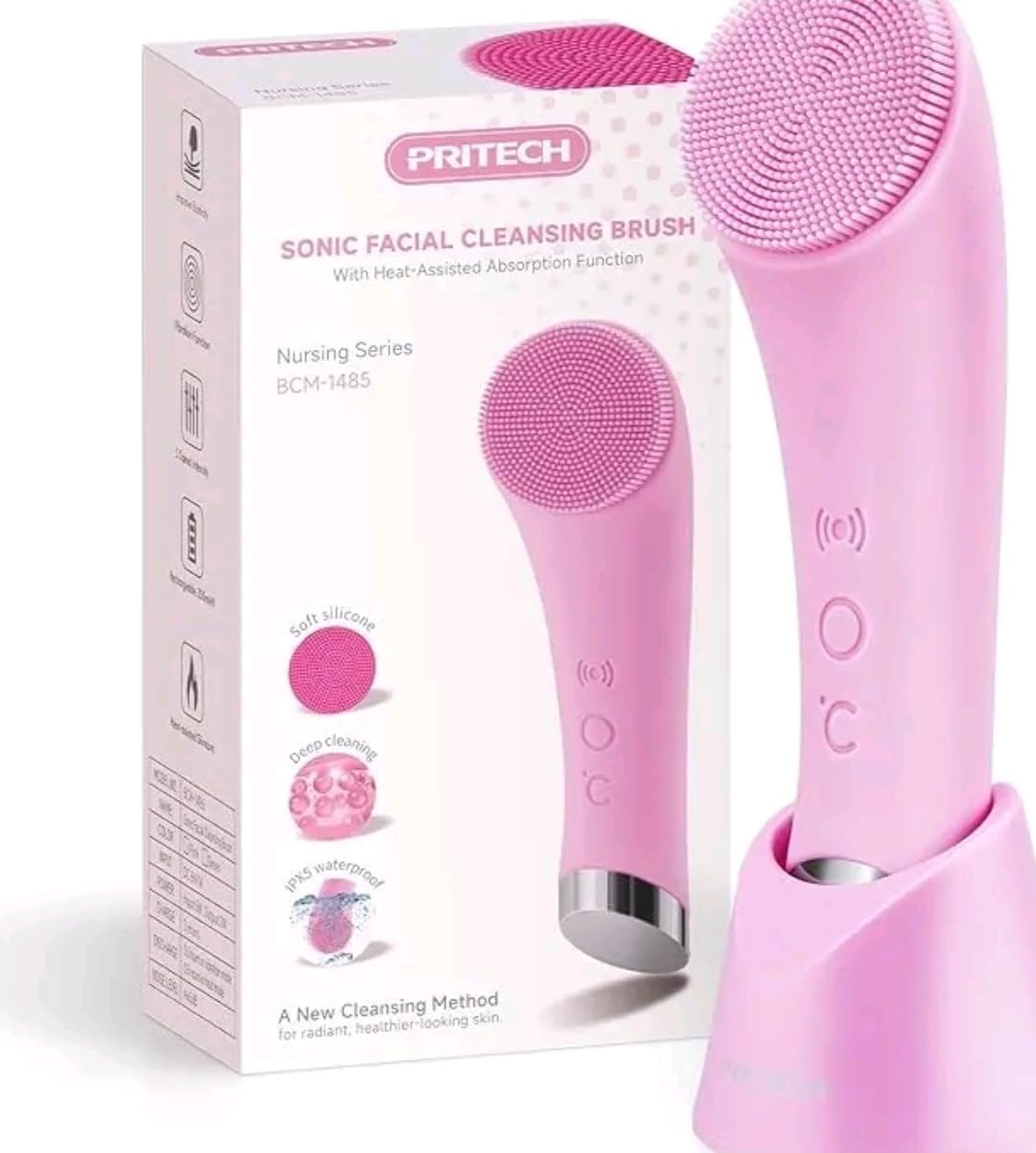 PRITECH Facial Cleansing Brush, Rechargeable Silicone Face Scrubber with Heat Massage End, Vibrating Exfoliator Scrubber for Deep Cleaning, Waterproof Face Brush for Women and Men (Pink) customer photo 2
