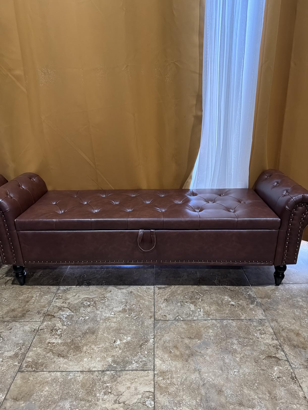 Furniliving Storage Ottoman Bench, Leather Benches End of Bed Bench with Solid Wood Legs Upholstered Ottoman Bench with Storage Indoor Bench for Living Room with Rolled Arm, Entryway, YellowBrown customer photo 1