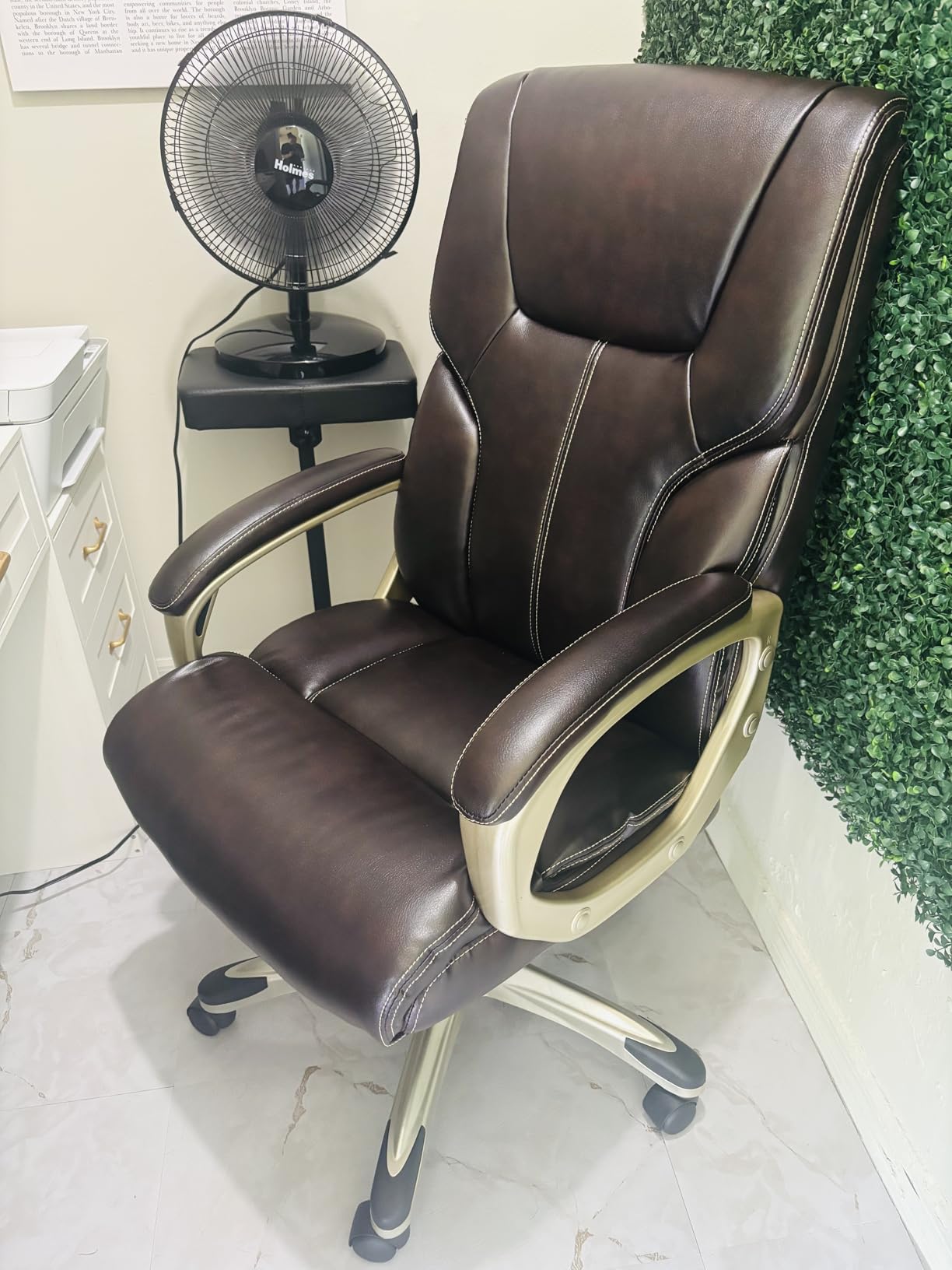 Amazon Basics Executive High Back Office Chair, Adjustable Height, Tilt, Swivel, Padded Armrests, Brown/Gold customer photo 2