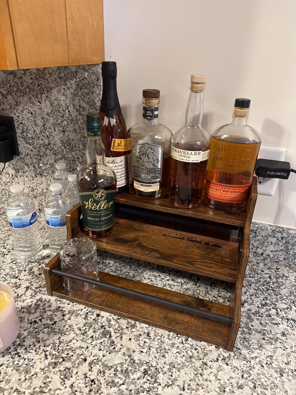 KLM Liquor Bottle Display Shelf, Coffee Syrup Rack Organizer, 3 Step Countertop Liquor Wine Rack, mini bar, liquor cabinet, Home Retro Bar Shelf Stand for Liquor Whiskey, Spirits customer photo 1
