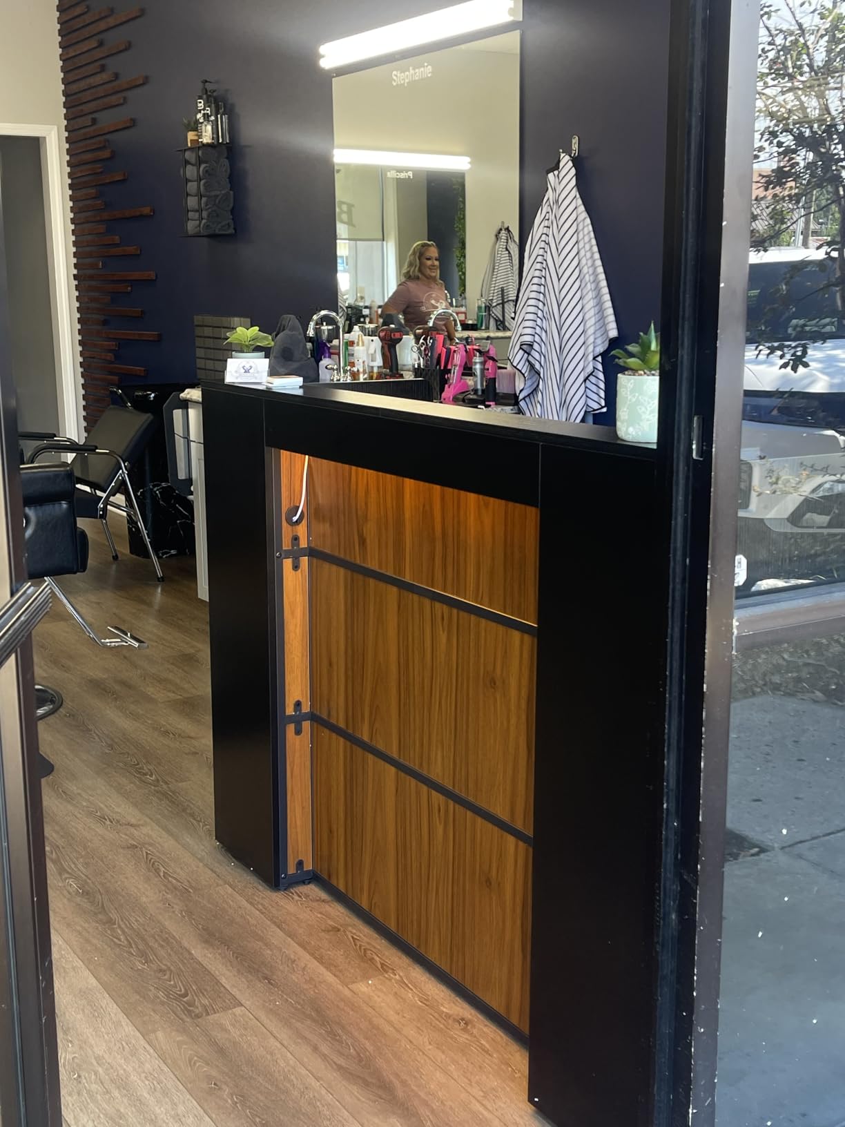 LITTLE TREE 63 Inches Reception Desk, Modern Reception Table with LED Light, Front Counter Desk, Wooden Checkout Counter for Lobbies, Salons, Retail, Home Offices, Reception Room, Black & Brown customer photo 2