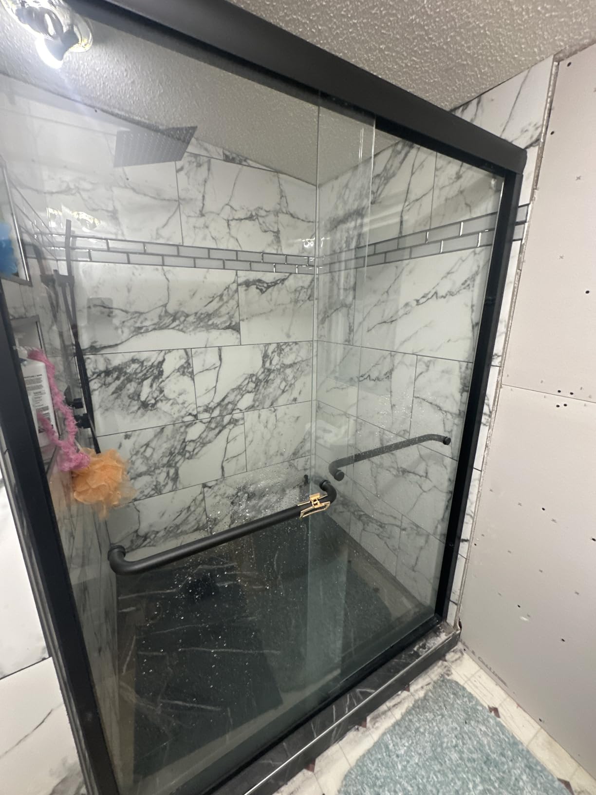 GETPRO Shower Door Double Sliding 57-60 in. W x 72 in. H Semi-Frameless Bypasss Bathroom Glass Shower Sliding Doors,1/4 inch Clear Tempered Glass Door for Walk-in Shower Matte Black customer photo 1