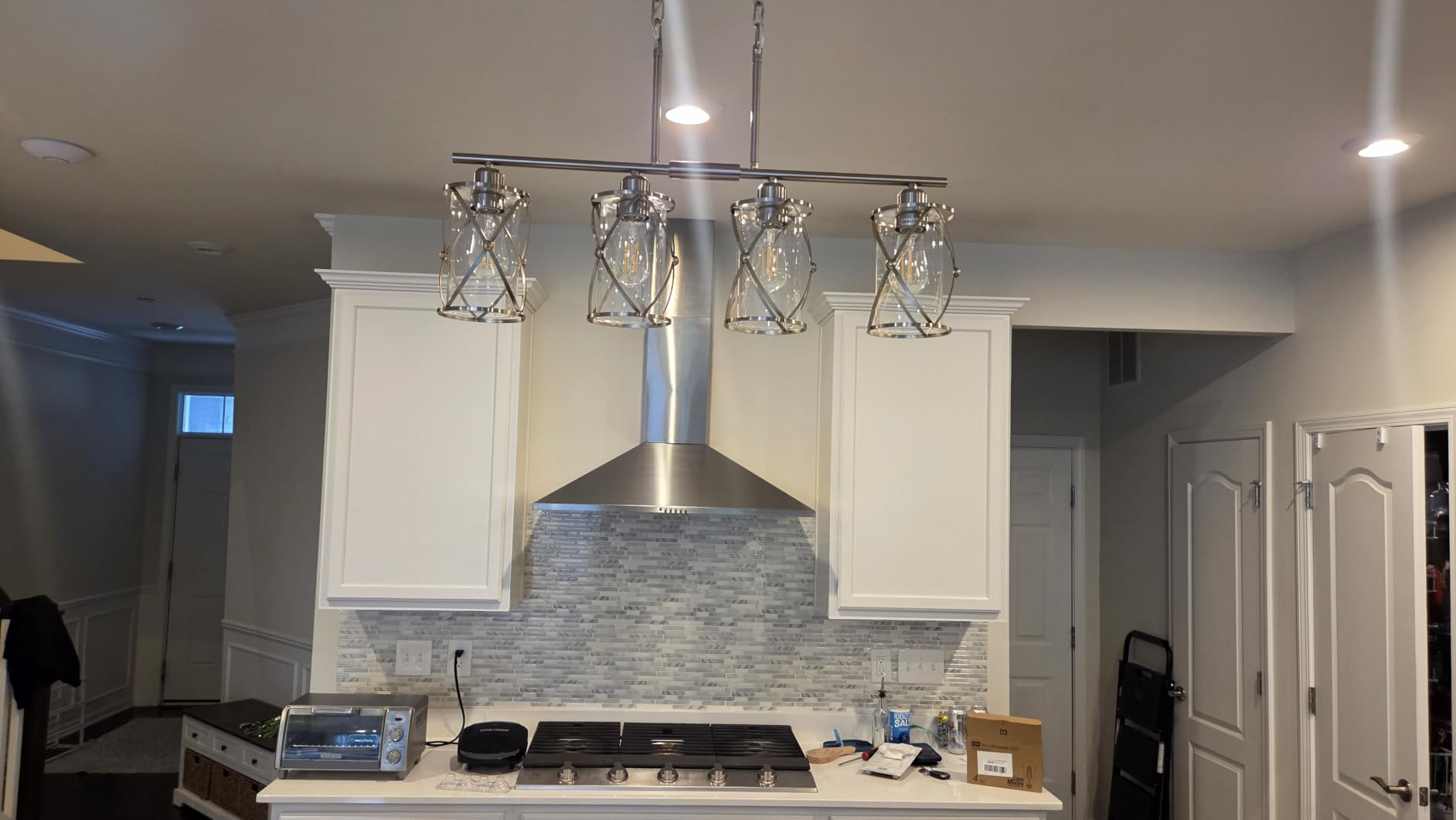 4-Light Kitchen Island Lighting, Modern Brushed Nickel Dining Room Light Fixtures with Clear Glass, Farmhouse Industrial Linear Chandelier Pendant Light with Adjustable Chain, CH9176BN-4IS customer photo 2