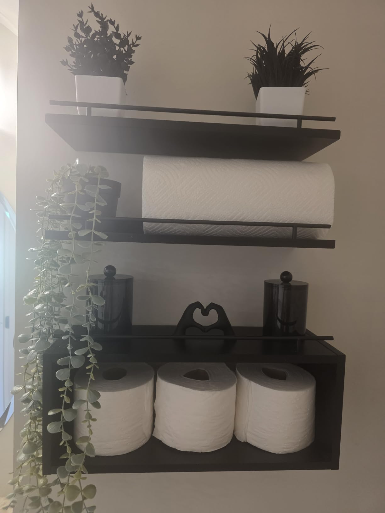 WOPITUES Floating Shelves for Wall with Cube Shelf, Wall Shelves with Metal Rail for Bathroom Decor, Bathroom Organizers and Storage, Over Toilet Shelves for Toilet Paper-Black customer photo 1