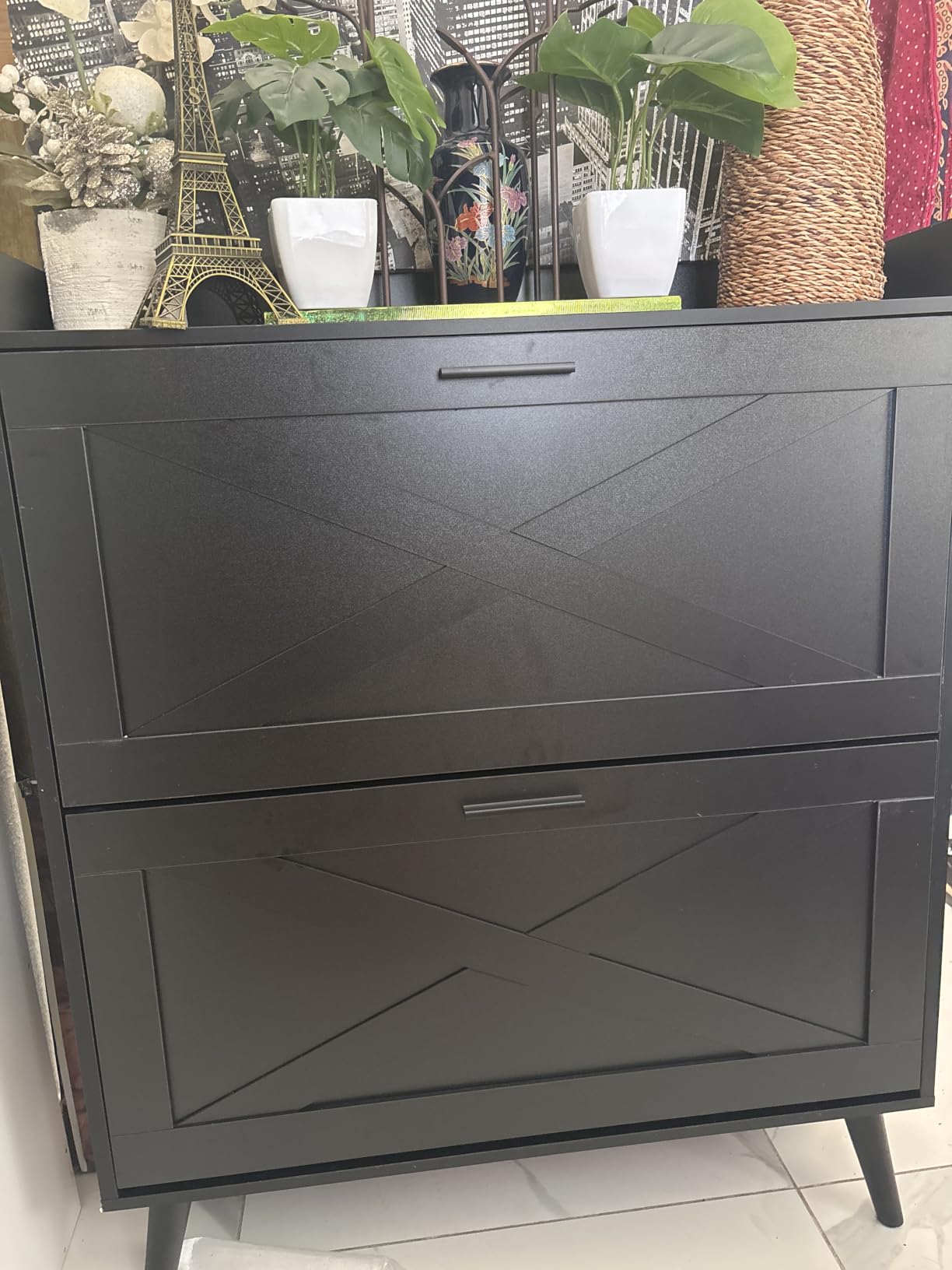 Homleke Farmhouse Shoe Storage Cabinet with Flip Drawers & Barn Door Design, Slim Narrow Shoe Rack Cabinet with Adjustable Shelves & Hidden Storage for Entryway, Foyer, Hallway, Living Room, Black customer photo 1