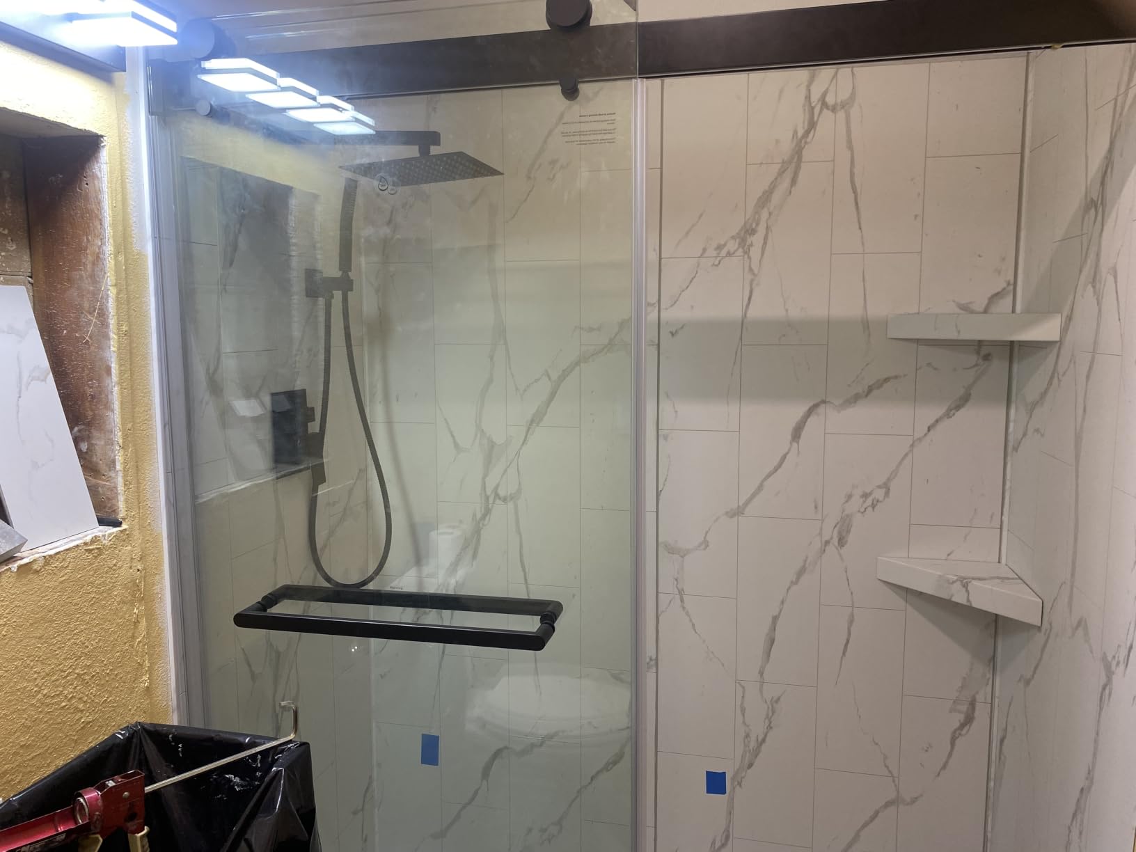 Palisade Vinyl Corner Shower Surround Kit 78in x 36in x 36in, Urban Glacier | Waterproof PVC wall panels, grout-free design, coordinating trim, shelves, adhesive and sealant included customer photo 1