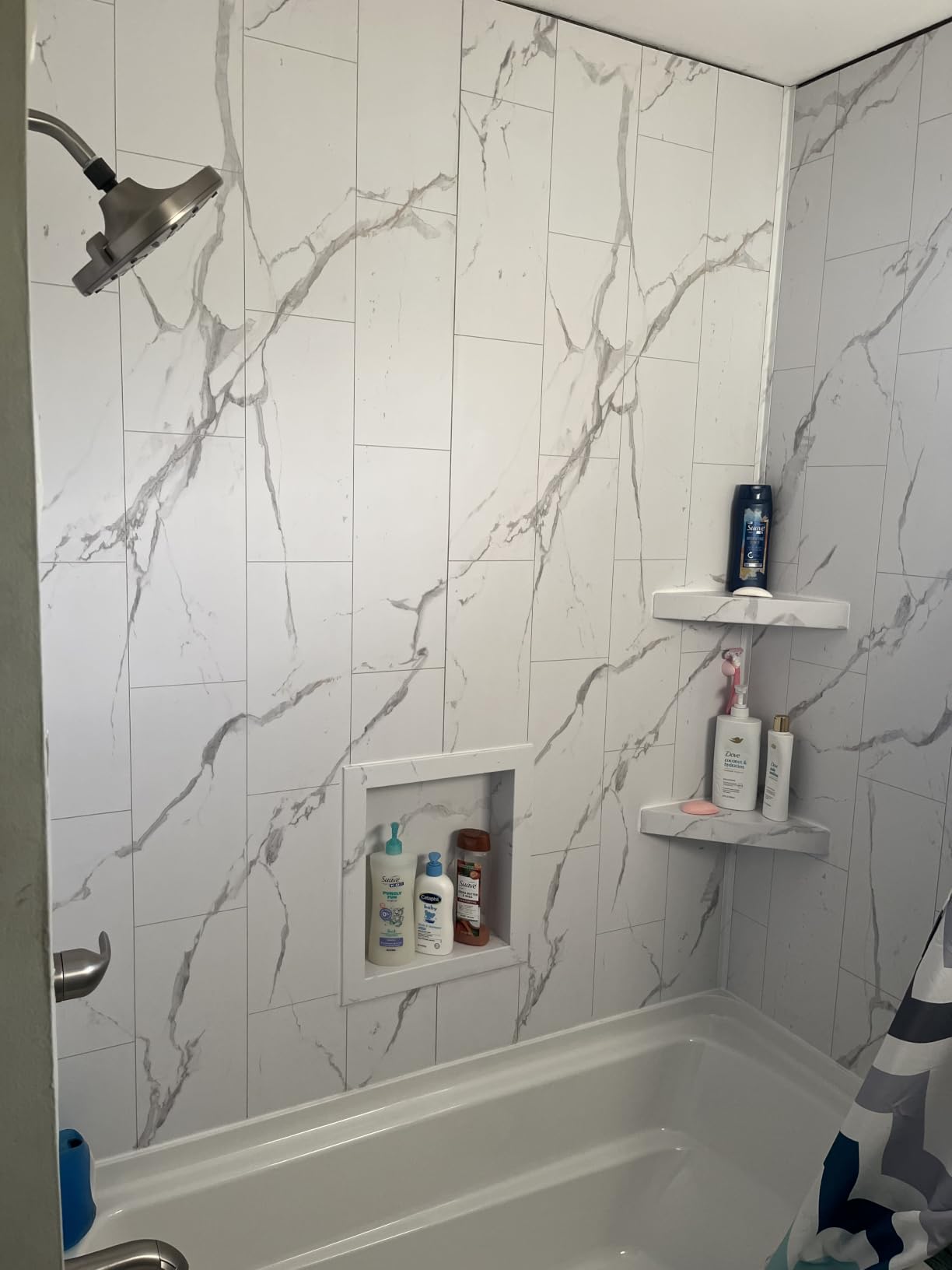 Palisade Vinyl Corner Shower Surround Kit 78in x 36in x 36in, Urban Glacier | Waterproof PVC wall panels, grout-free design, coordinating trim, shelves, adhesive and sealant included customer photo 2