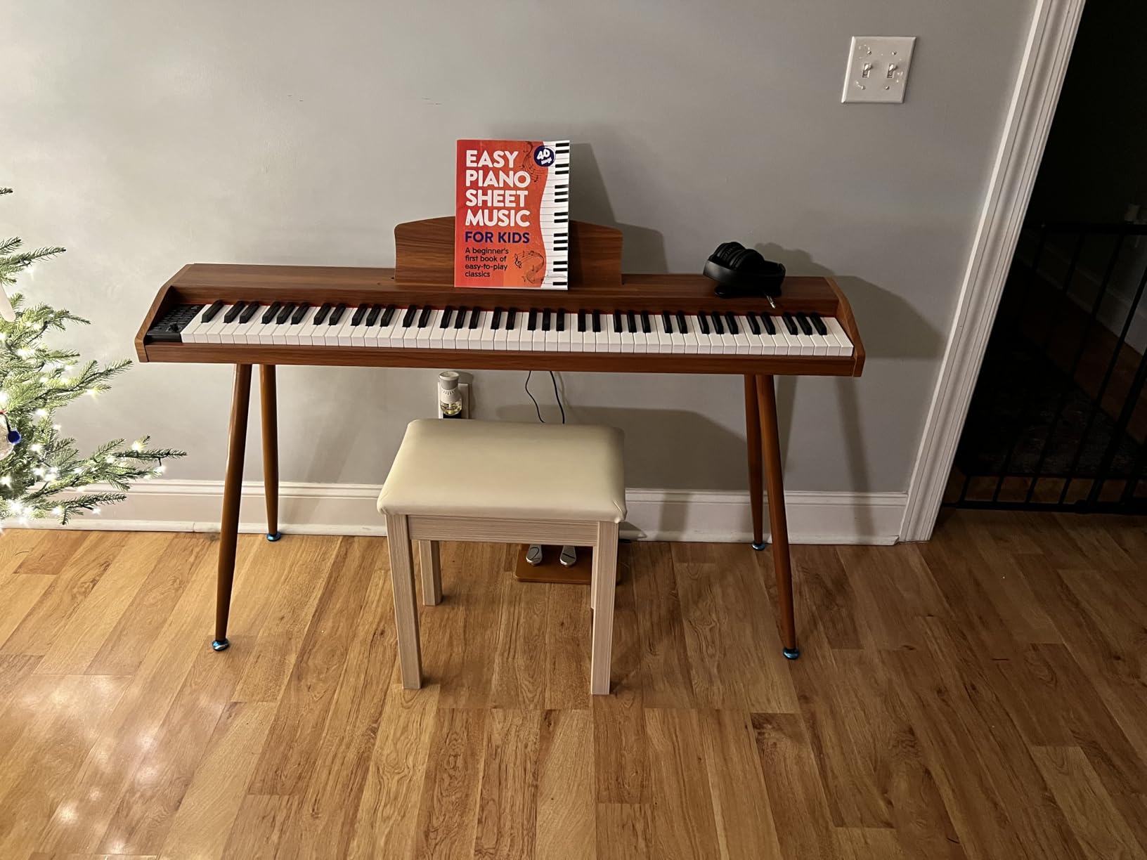 Sanpuli Solid Wood Piano Bench with Storage, Piano Stool and Padded Cushion, Keyboard Bench with Bookcase, Piano Chair and Piano Seat with High-Density Sponges customer photo 2