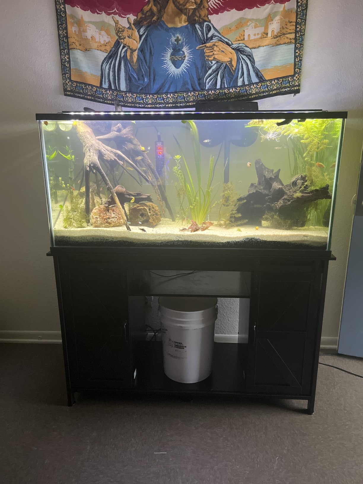 VOWNER Farmhouse 55-75 Gallon Fish Tank Stand with Power Outlet, Grey | Aquarium Stand with Storage Cabinet and Sliding Barn Door, Heavy Duty Reptile Tank Stand, for 2 Tanks, 1000LBS Capacity customer photo 1