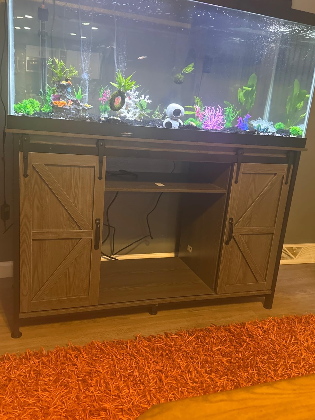 VOWNER Farmhouse 55-75 Gallon Fish Tank Stand with Power Outlet, Grey | Aquarium Stand with Storage Cabinet and Sliding Barn Door, Heavy Duty Reptile Tank Stand, for 2 Tanks, 1000LBS Capacity customer photo 2