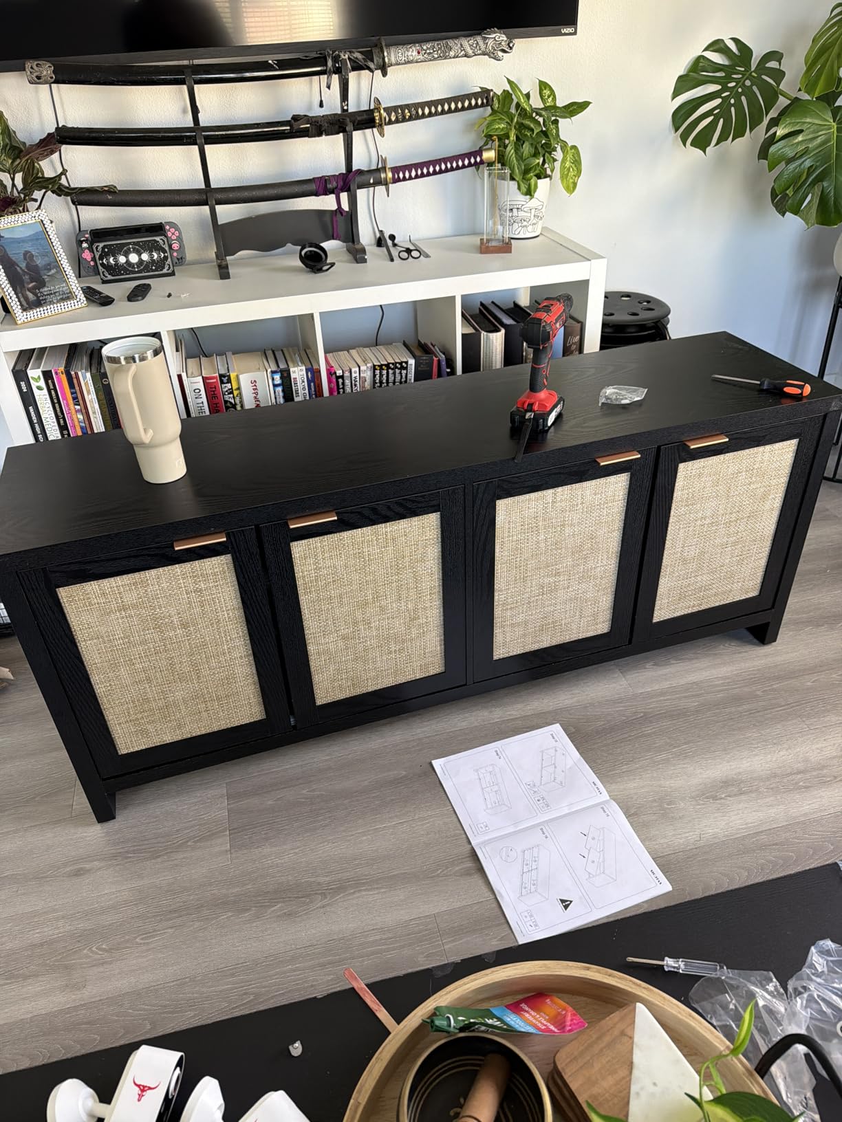 SICOTAS TV Stand for Living Room Boho Entertainment Center for Bedroom with 4 Rattan Cabinets Farmhouse Television Stands with Storage Large Media Console Table for TVs up to 65 Inch customer photo 1