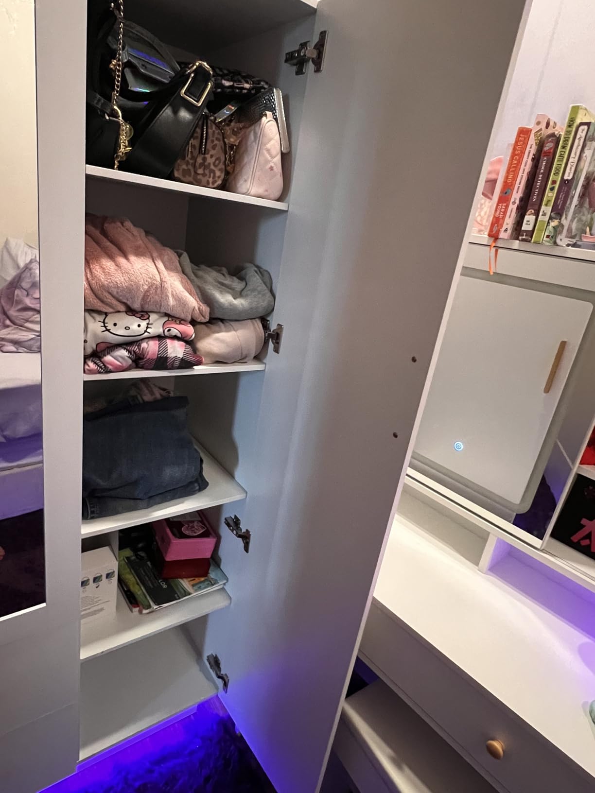 chartustriable 3 Doors Armoire Wardrobe Closet with Mirror, LED Armoire with Doors and Drawers, Wooden Wardrobe Storage Cabinet with Hanging Rod customer photo 1