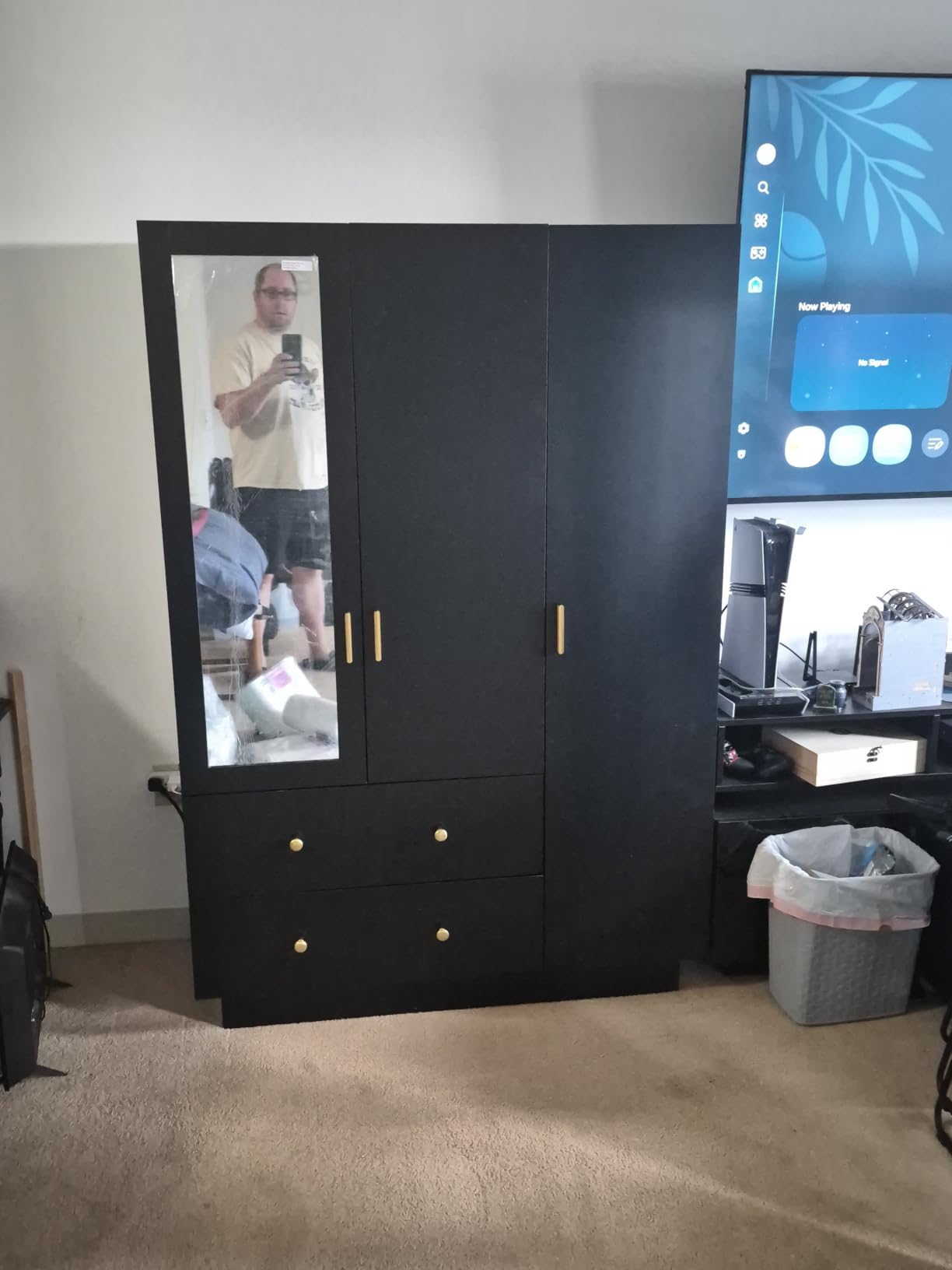 chartustriable 3 Doors Armoire Wardrobe Closet with Mirror, LED Armoire with Doors and Drawers, Wooden Wardrobe Storage Cabinet with Hanging Rod customer photo 2