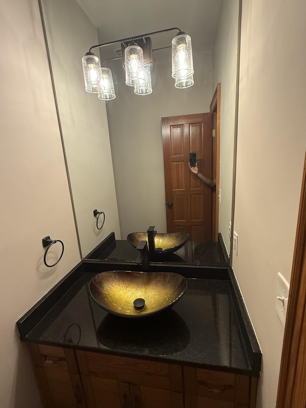 Bathroom Boat Shape Artistic Glass Vessel Sink, Gold | Black Faucet and Pop-up Drain Set customer photo 1