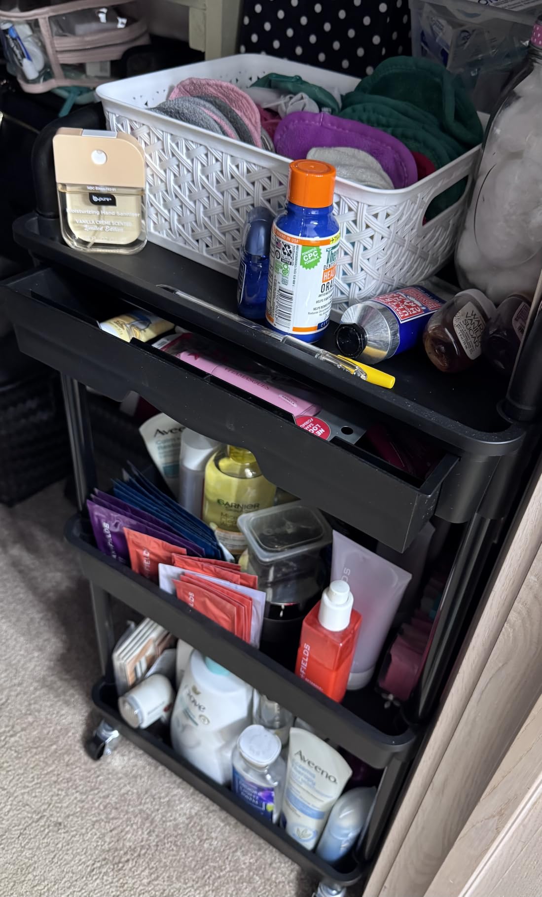 Goovilla 3 Tier Rolling Utility Cart Organizer with Removable Drawer, Black | Stable and Sturdy Rolling Storage Carts with 2 Lockable Wheels for Bathroom, Kitchen, Snack, Craft, Makeup, Baby Essentials customer photo 1