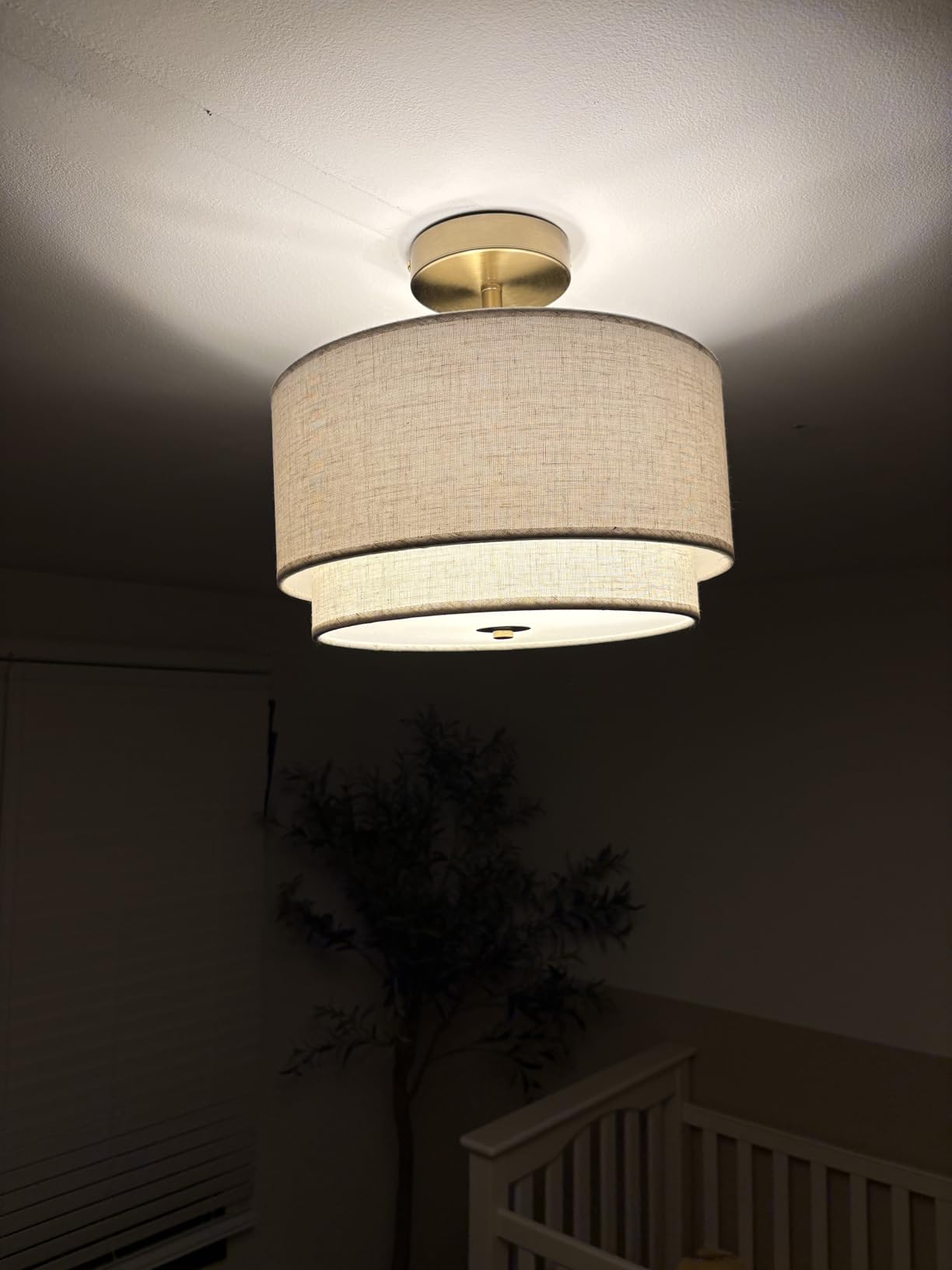Semi Flush Mount Ceiling Light Fixture, 12.6'' Gold Light Fixtures Ceiling Mount, Modern Close to Ceiling Light with 2-Layer Linen Shade, Farmhouse Drum Ceiling Light for Bedroom Hallway Living Room customer photo 2