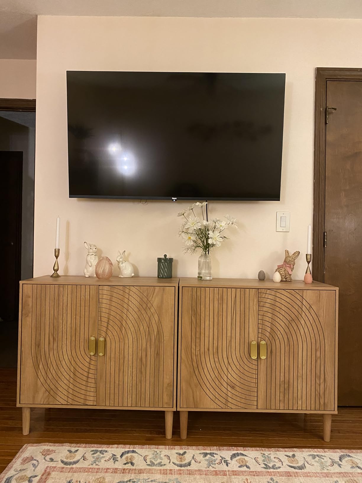 Smuxee Walnut Sideboard Cabinet, Freestanding Buffet Cabinet with Line Groove Design, Wood Storage Cabinet with Adjustable Shelf for Living Room, Entryway, Hallway customer photo 2
