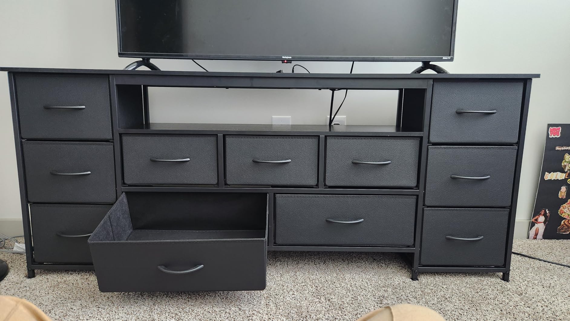 Huuger 63 Inch TV Stand for 65, 70 Inch TV, 11 Drawer Long Dresser with Power Outlets and LED Lights, Entertainment Center with Storage, Black Dresser with PU Leather Surface customer photo 1