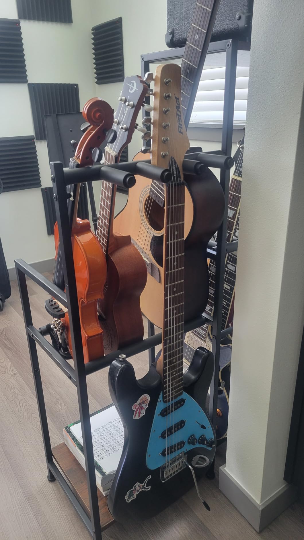 Guitar Stand for Acoustic Multiple Guitars Holder with 3-tier Storage Shelf, Guitars Display Rack Guitar Amp Accessories with Soft-Padded Protect Multi Guitar Stand for Home Studio Music Room customer photo 1