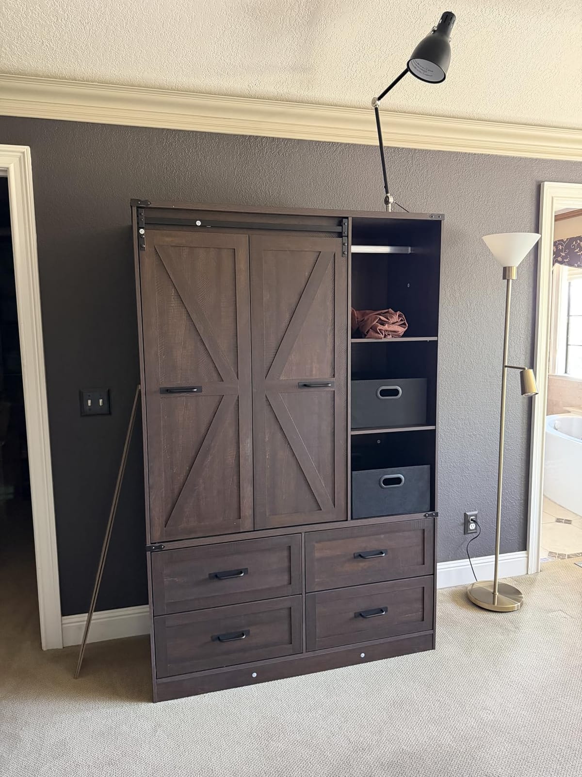 Farmhouse 3 Doors Armoire Wardrobe Closet w/Folding Sliding Barn Door and Lights, LED Armoire Closet w/Drawers for Bedroom, Freestanding Wooden Wardrobe Storage Closets w/Hanging Rod, Antique White customer photo 1