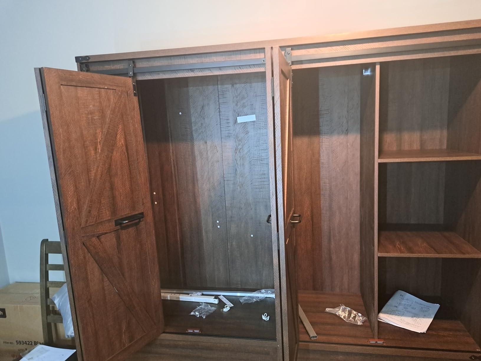 Farmhouse 3 Doors Armoire Wardrobe Closet w/Folding Sliding Barn Door and Lights, LED Armoire Closet w/Drawers for Bedroom, Freestanding Wooden Wardrobe Storage Closets w/Hanging Rod, Antique White customer photo 2