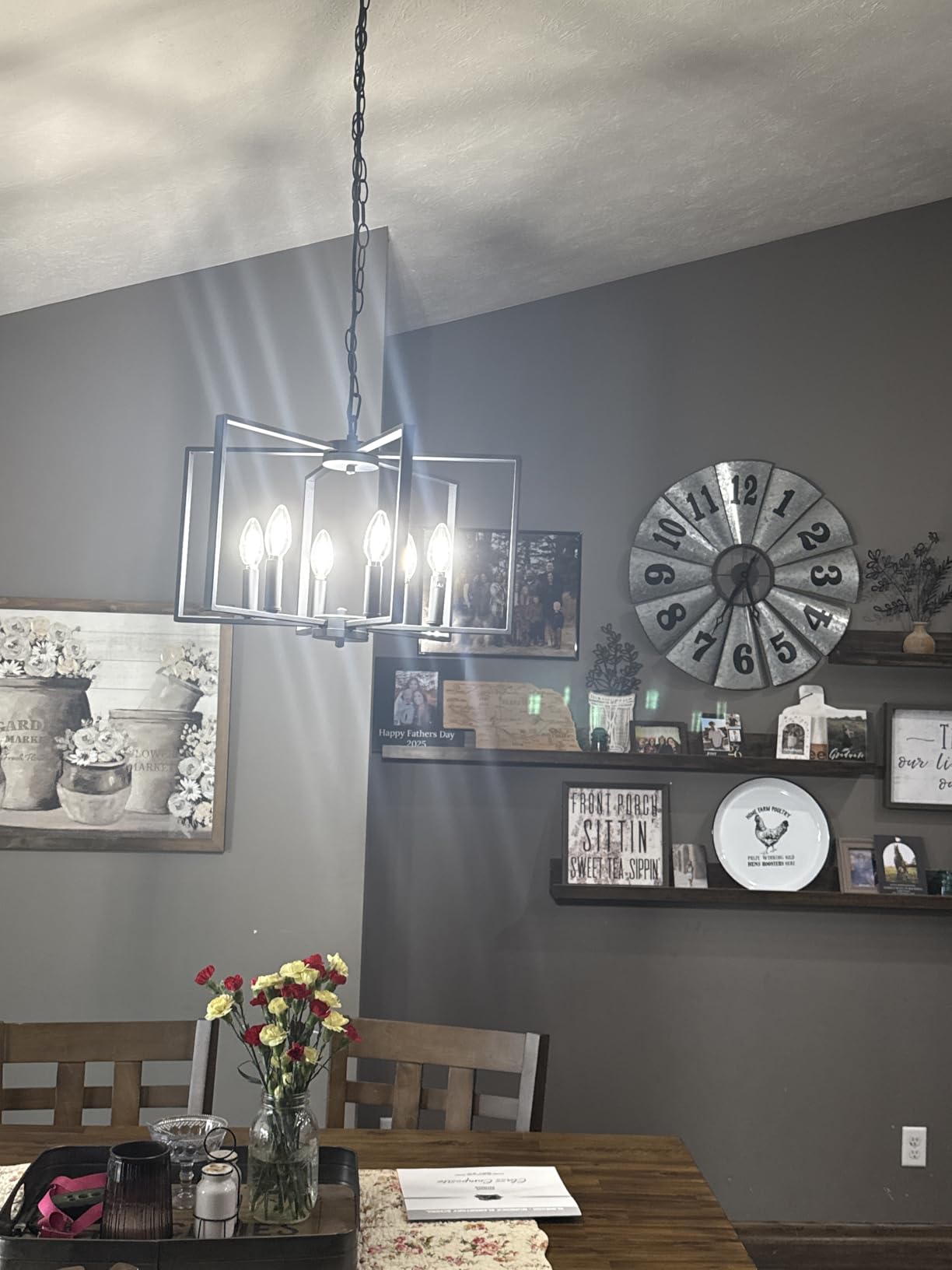 Black Farmhouse Chandelier, 6 Light Geometric Dining Room Light Fixture, Modern Industrial Metal Ceiling Light Rustic Hanging Pendant Lights with E12 base for Kitchen Island Entryway Foyer, Indoor customer photo 2