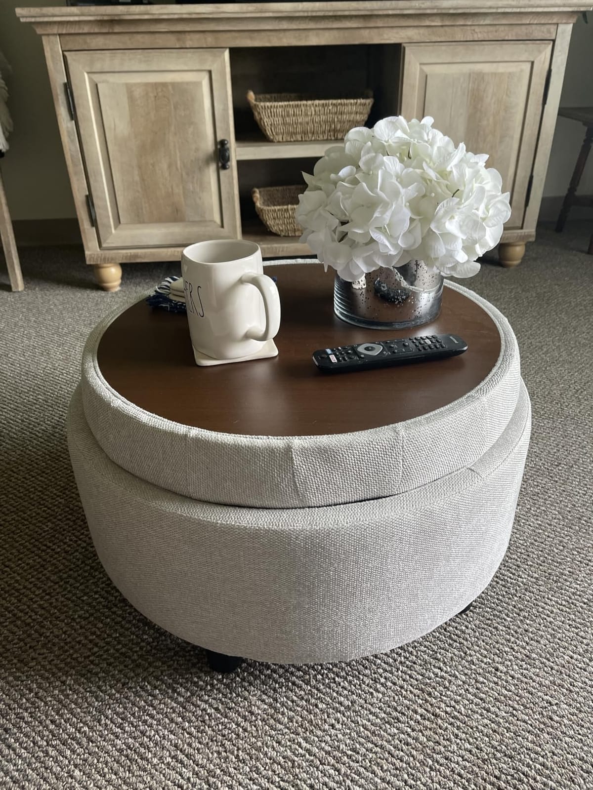 COLAMY Fabric Round Storage Ottoman with Reversible Tray Lid - Multi-Functional Footrest, Hidden Storage, Sturdy & Stylish Small Coffee Table for Living Room, Bedroom, or Entryway(Beige) customer photo 2