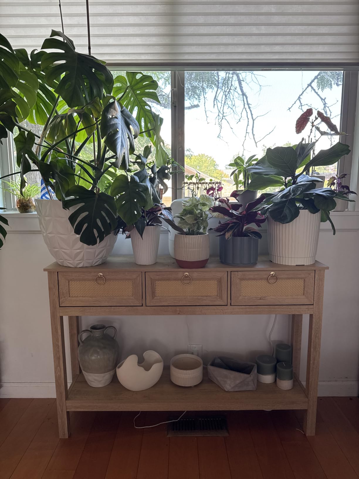 SUPERJARE Rattan Console Sofa Table with Outlets, USB-C Port and 3 Drawers | Entryway Table with Synthetic Rattan Surface, Open Shelf, Behind Couch Entry Foyer Hallway Storage, Natural customer photo 2