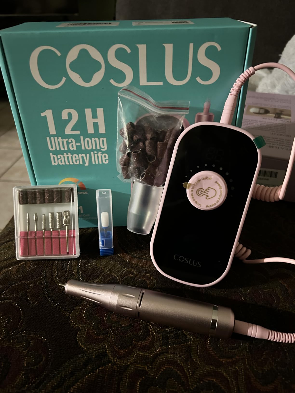 COSLUS E51 Professional Nail Drill Portable Long-Lasting Electric Nail File | Rechargeable, 40000 RPM, Effective for Acrylic Gel Polishing Removing, Easy for Beginner Women, Home DIY & Salon, Pink customer photo 1