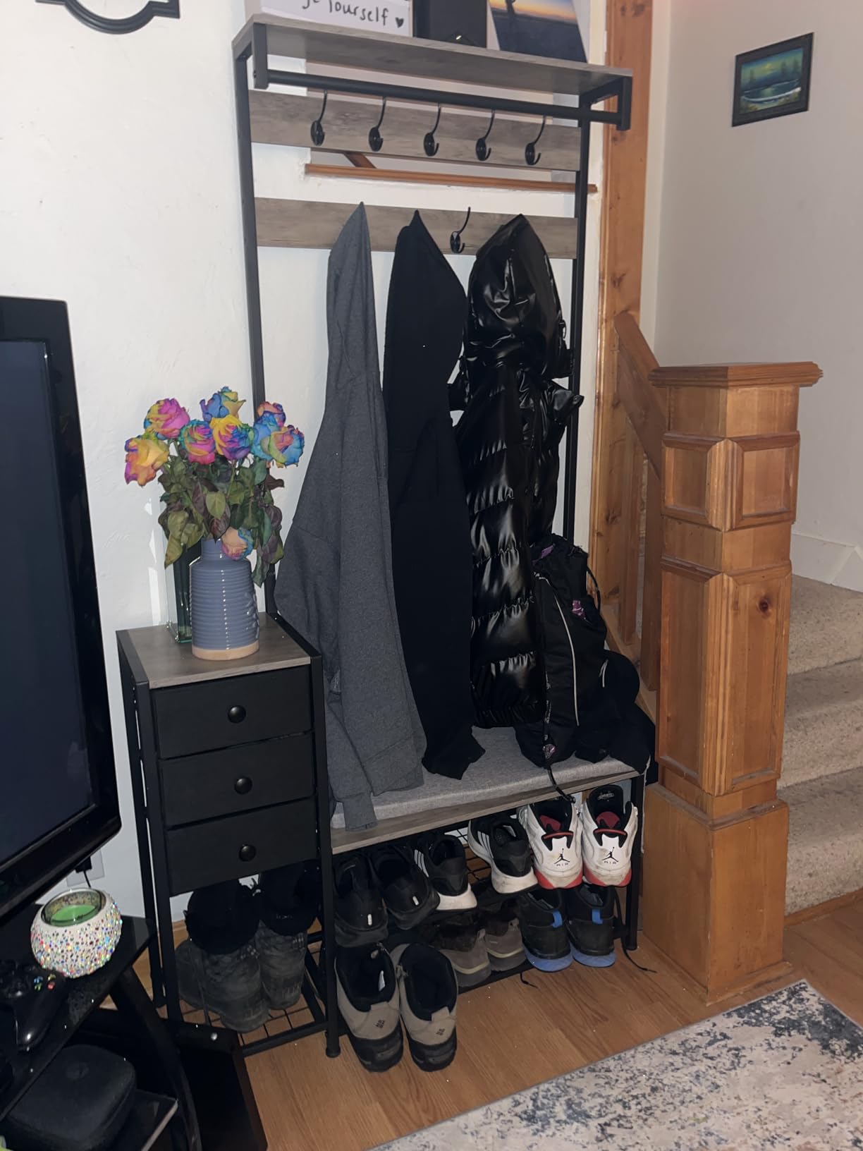 Itaar Coat Rack, Hall Tree with Bench and Shoe Storage, 7-in-1 Entryway Bench with Soft Cushion, Storage Bag, 3 Fabric Drawers (Rustic Brown) customer photo 2