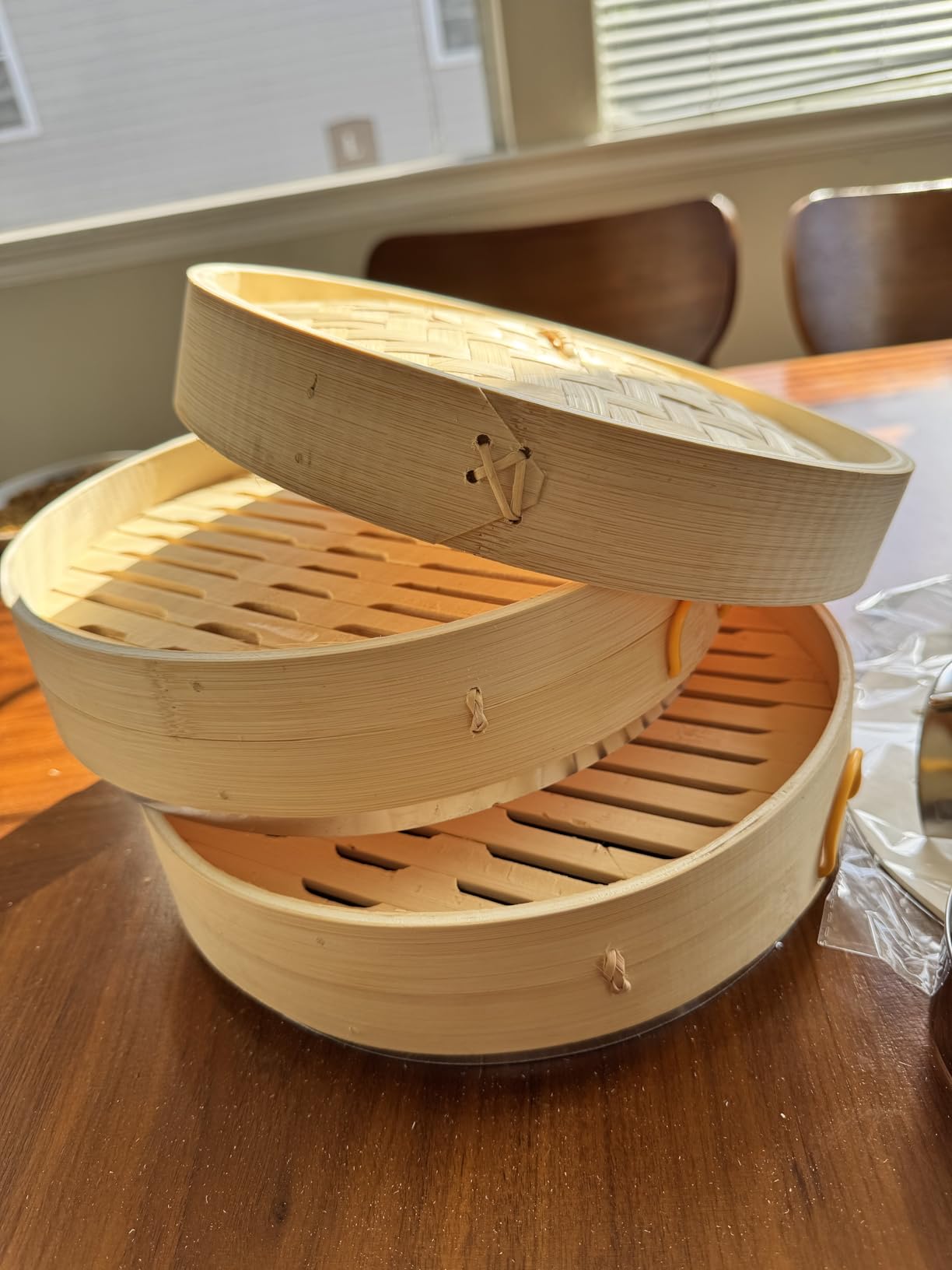 MacaRio 10 Inch Bamboo Steamer Basket Dumpling Make Set with Ring Adapter | 2-tier with side handles, roller, cutter, press maker and 50 liners for dim sum, buns, dumplings, and vegetables home cooking customer photo 2