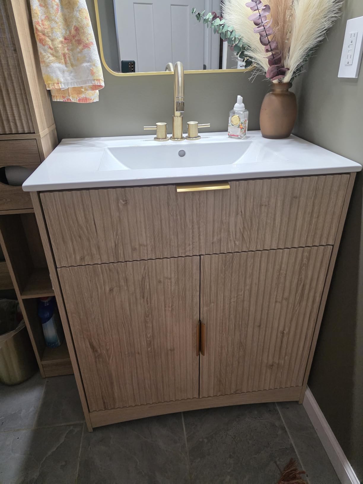Amada 30 inch Bathroom Vanity with Ceramic Sink and Storage, Natural Oak | Modern fluted style, U-shaped drawer, adjustable U-shaped shelf, CARB-certified, pre-drilled faucet holes and drain hole customer photo 2