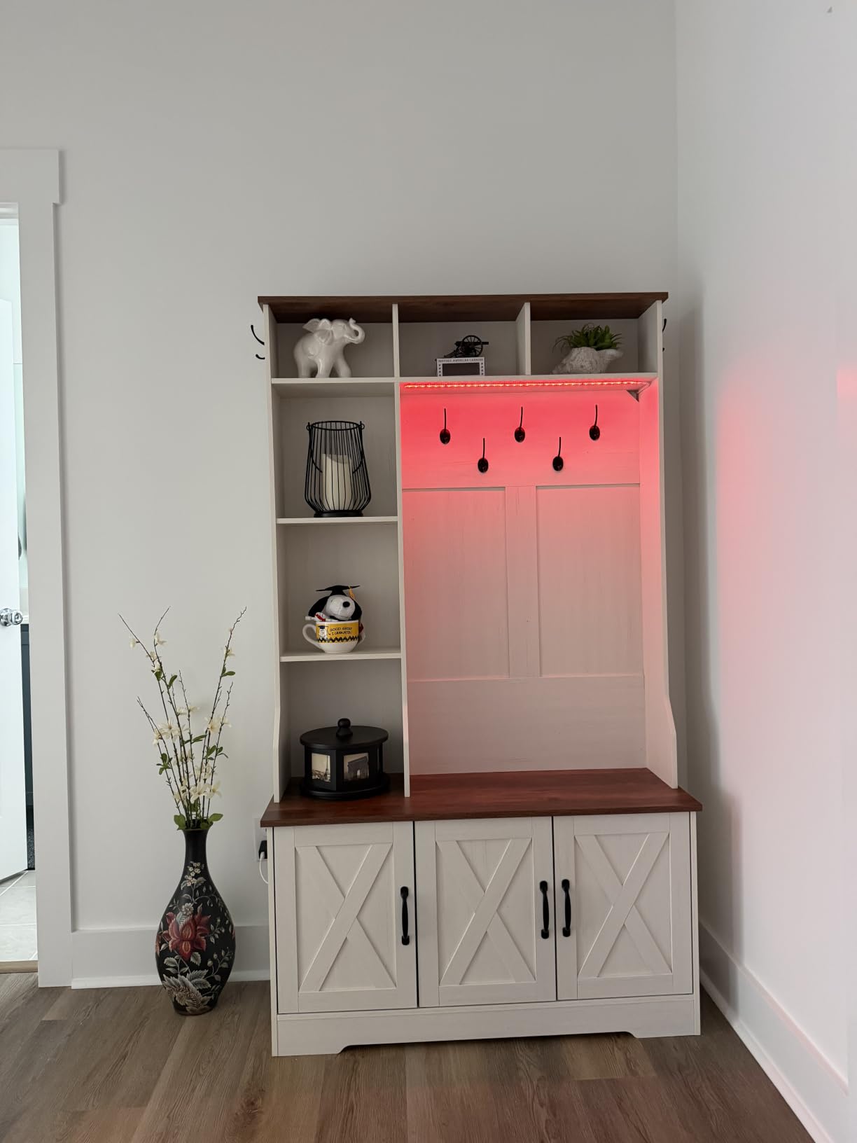 CSZZD Hall Tree with Bench & Entryway Coat Rack with Shoe Storage | Farmhouse Entryway Bench with Led Lights, 7 Coat Hooks, 6 Storage Cubbies, Adjustable Shelf, Spacious Shoe Storage Bench customer photo 1