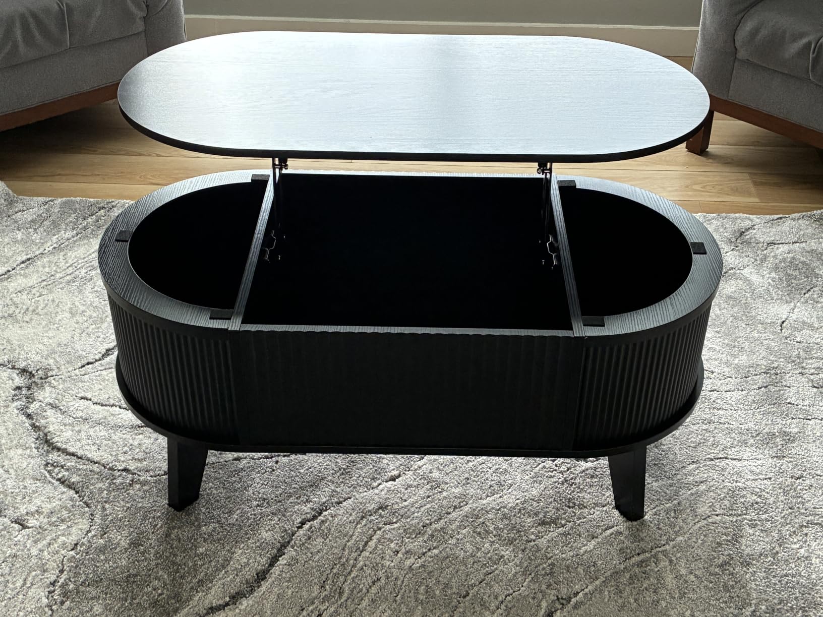 LYNCOHOME 43.3'' Fluted Lift Top Coffee Table with Storage, Modern Oval Coffee Table for Living Room or Home Office (Walnut) customer photo 2