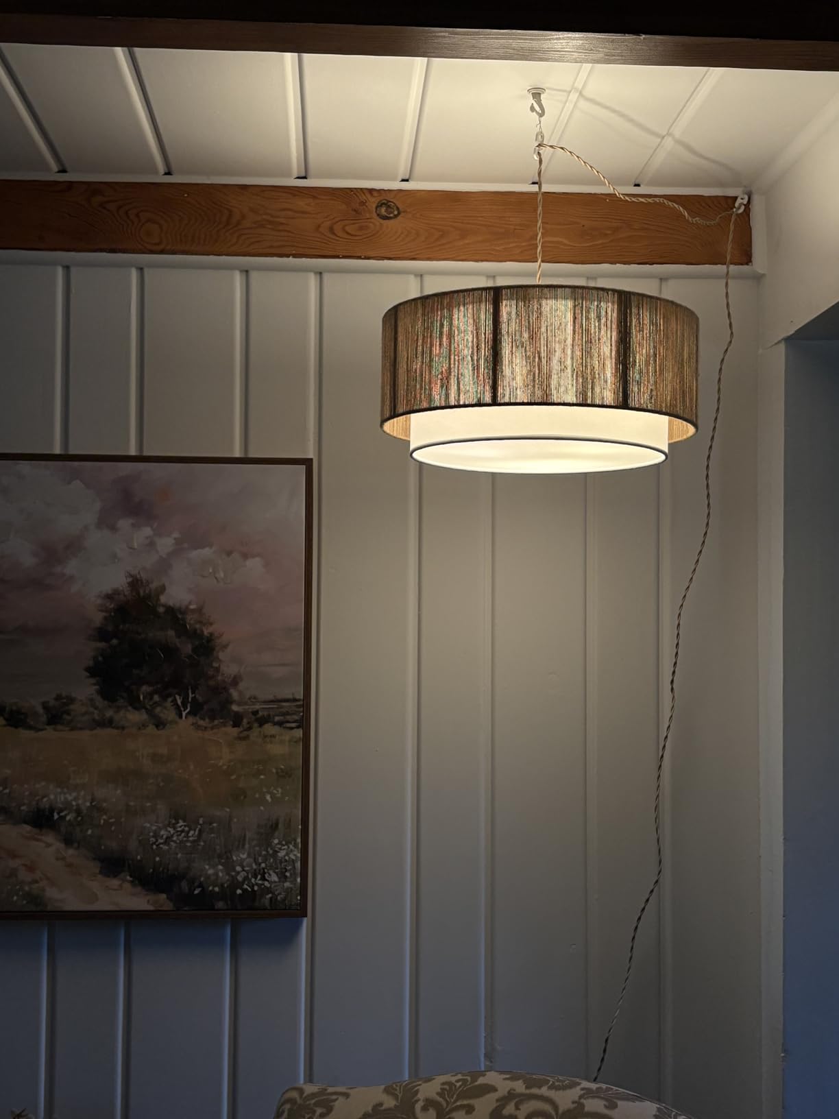 Plug in Pendant Light, 2-Tier Drum Linen Pendant Lights with 15.7FT Handmade Woven Light Cord, 17.7