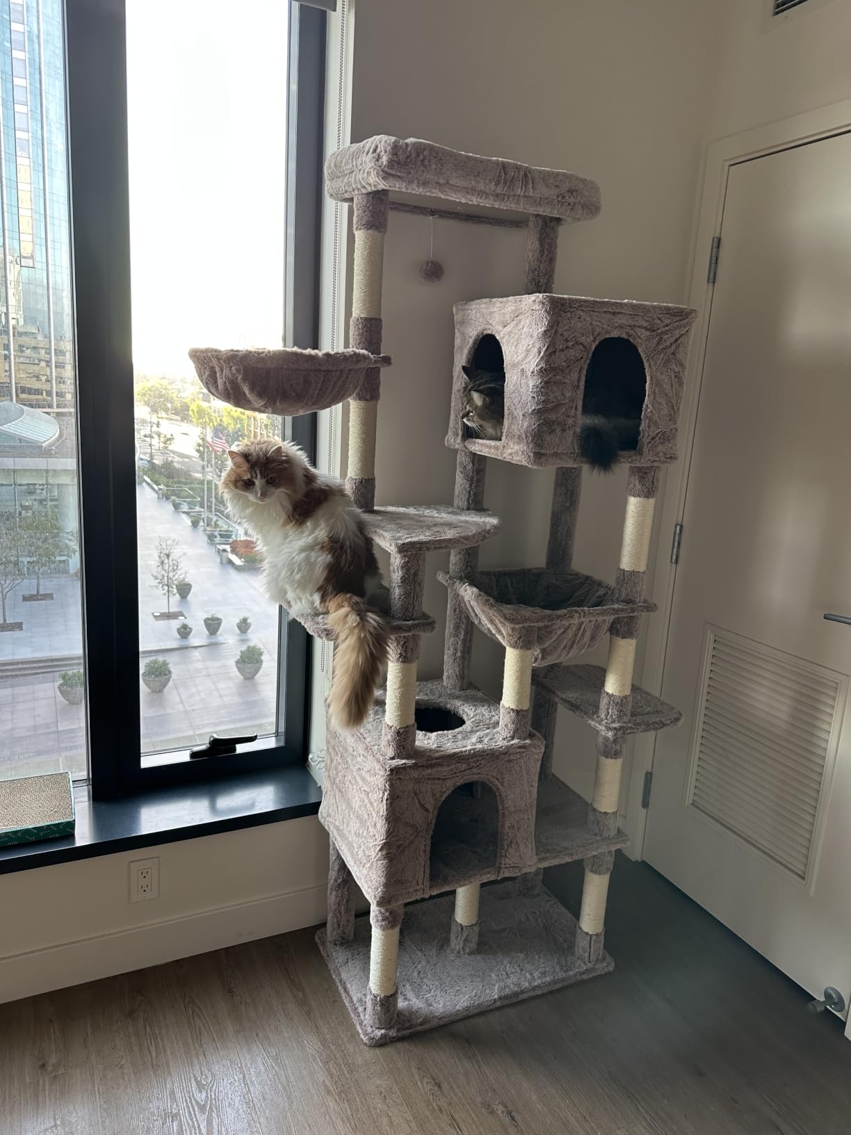Heybly Cat Tree, 76-Inch Tall Heavy Duty Cat Tower for Big Cats with Extra Wide Baseboard, Multi-Level Large Cat Furniture with 2 Condos & 2 Hammocks, 10 Scratching Posts, Smoky Gray HCT039G customer photo 2