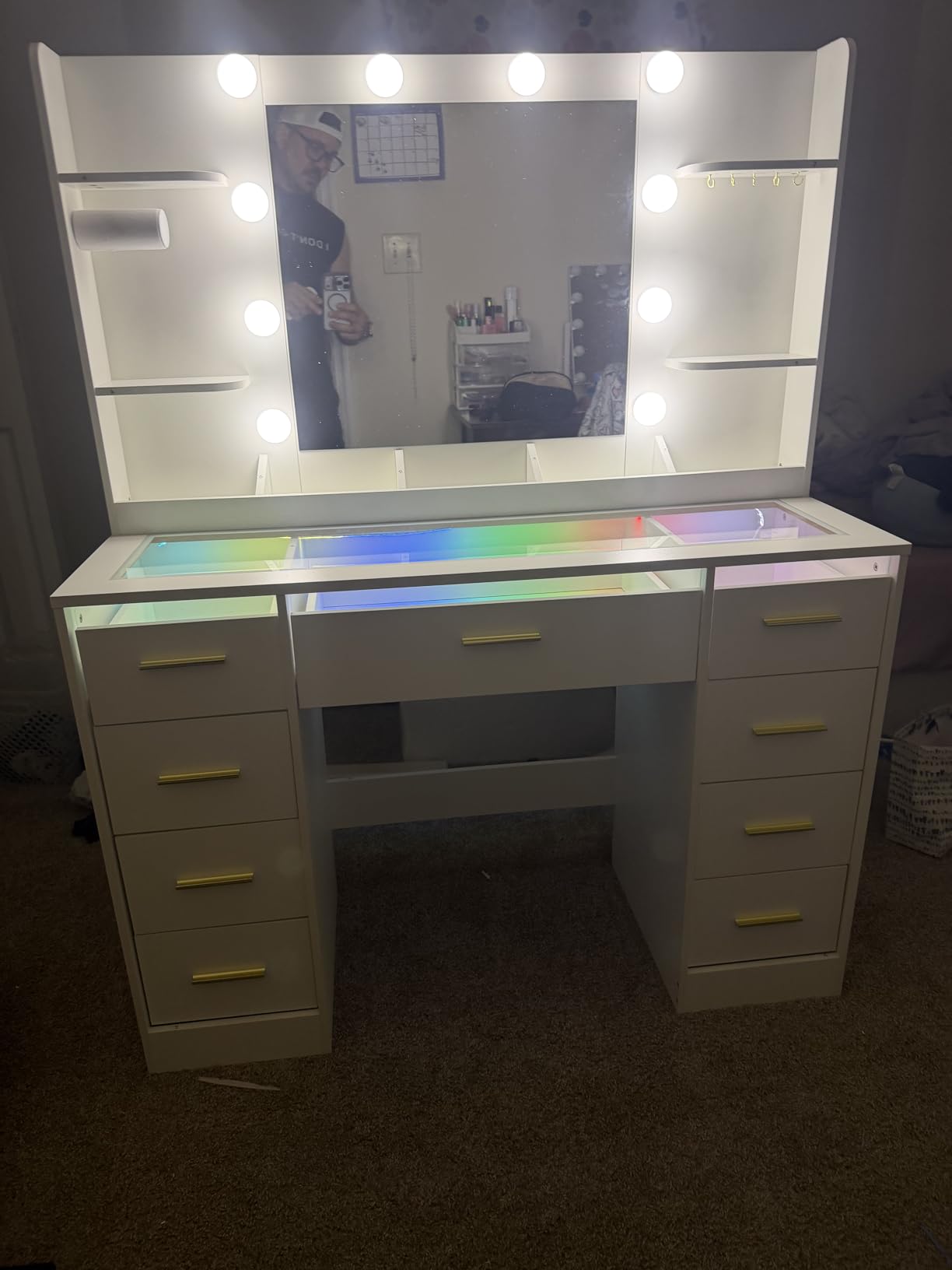 ANWBROAD Large Vanity Desk with Mirror and Lights & Transparent Glass Top | 3 Colors Makeup Vanity Table Set with 9 RGB Drawers, Power Outlet, White Vanity Stool and 4 Shelves for Bedroom Women UBDT94W customer photo 1