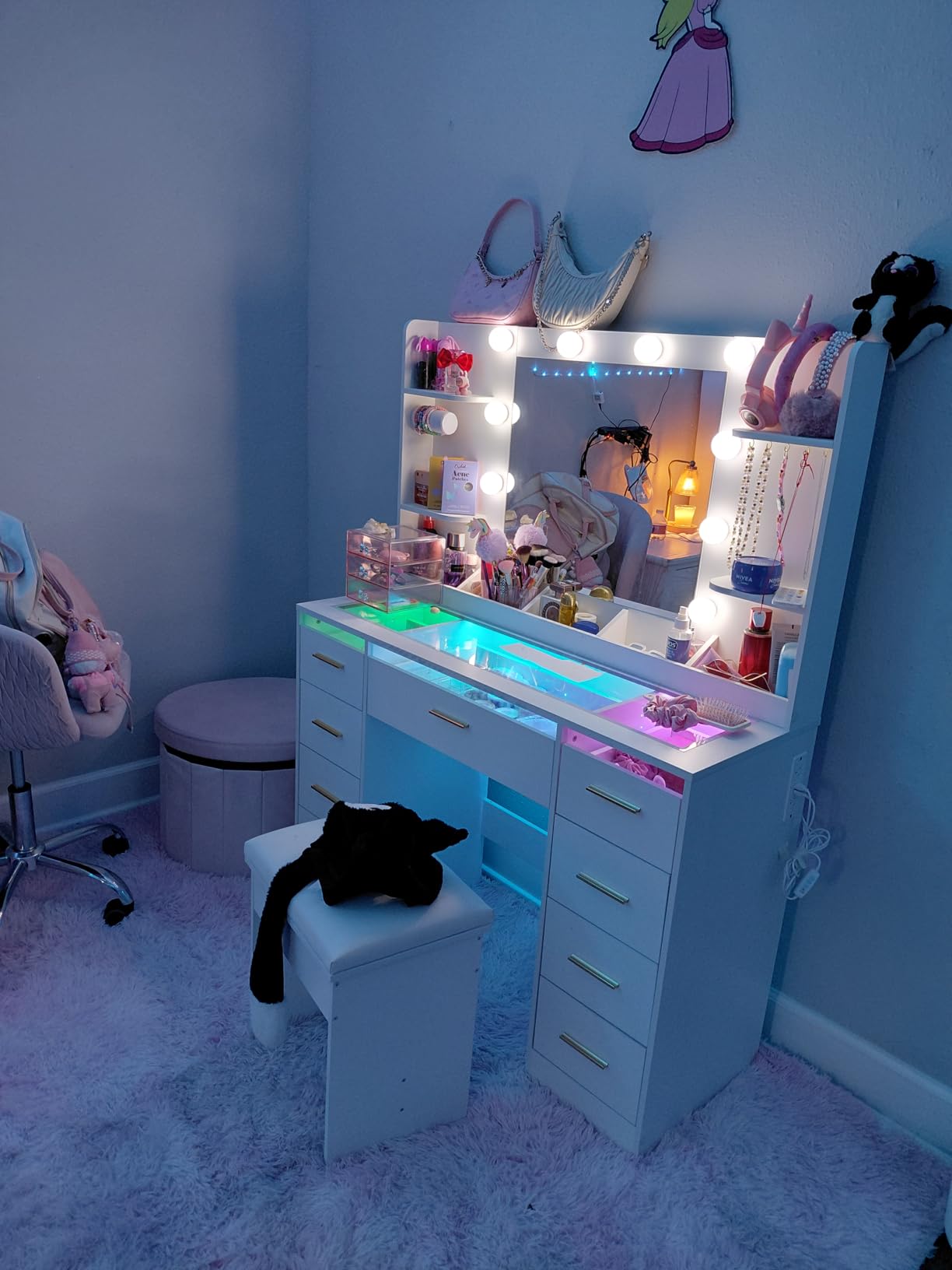 ANWBROAD Large Vanity Desk with Mirror and Lights & Transparent Glass Top | 3 Colors Makeup Vanity Table Set with 9 RGB Drawers, Power Outlet, White Vanity Stool and 4 Shelves for Bedroom Women UBDT94W customer photo 2