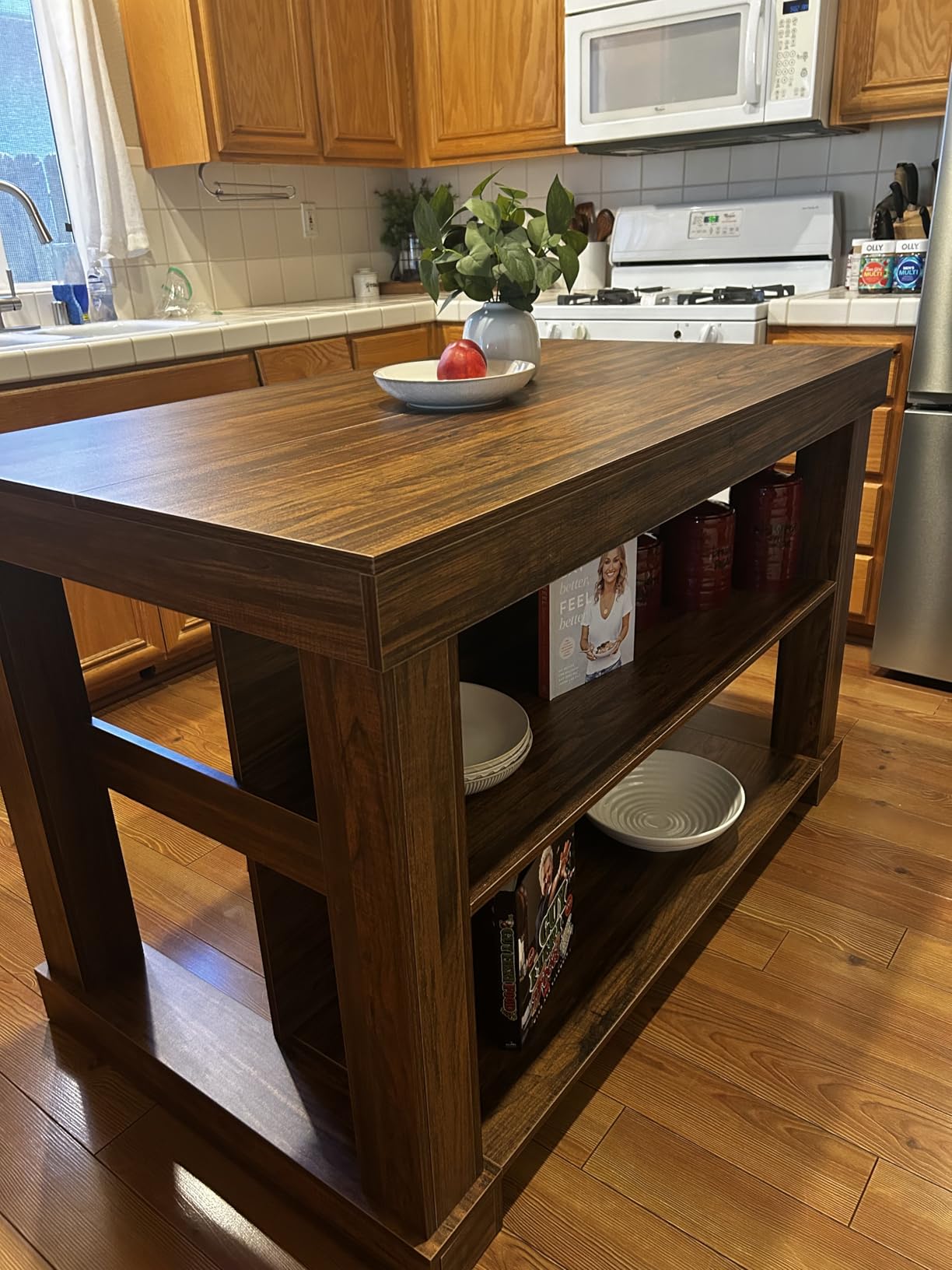 Tribesigns 55 inch Kitchen Island with Seating and Storage, 3-Tier, Modern, Wood Stationary Island Table with Large Worktop and Legroom, Heavy Duty, Coffee Bar Table with Storage Shelf for Kitchen, White customer photo 1