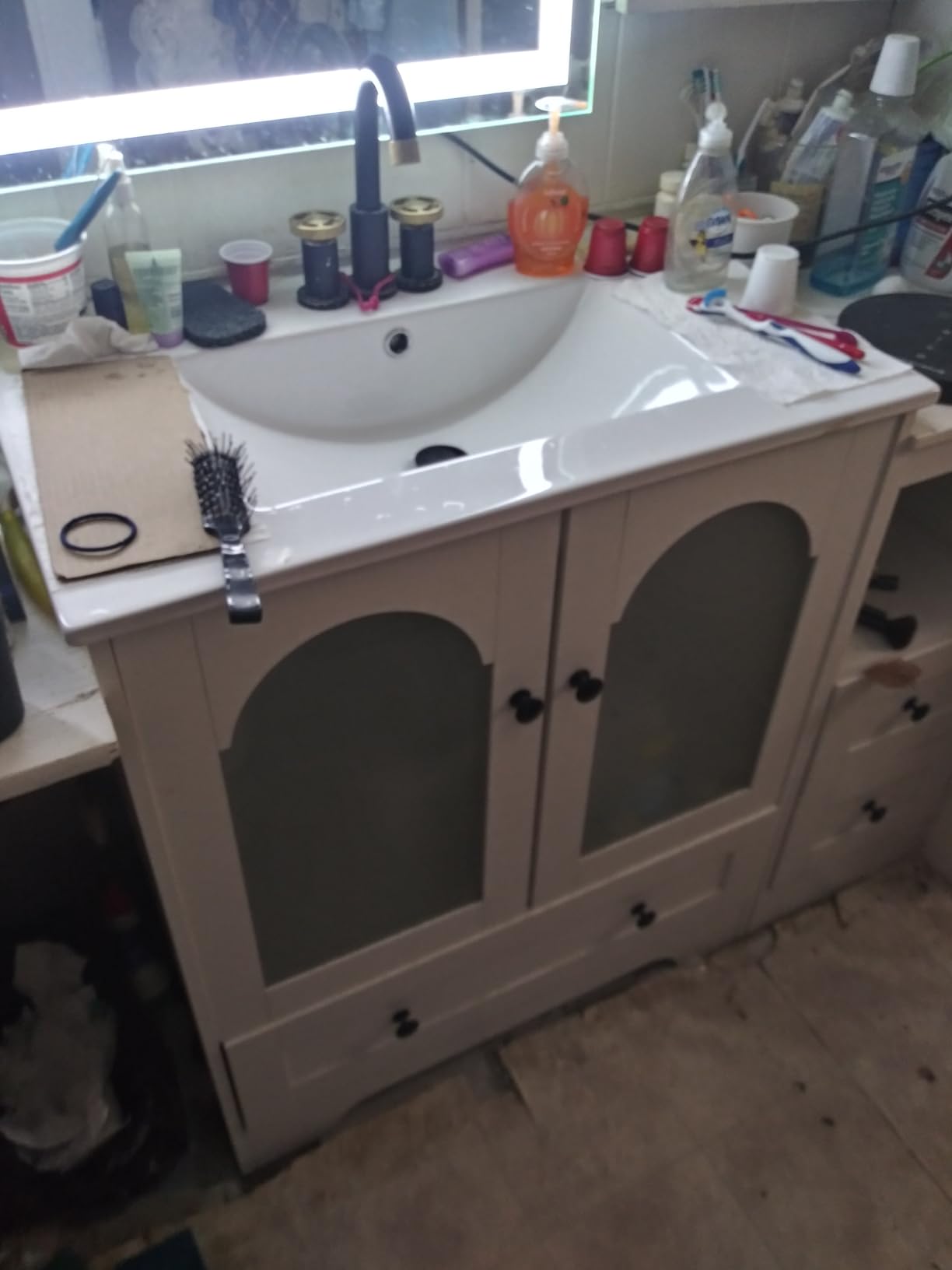 IRONCK 42 Inch Bathroom Vanity with Sink Set, Reversible Design, White | Modern Bathroom Storage Cabinet with 3 Drawers, 2 Visual Soft Close Doors, Open Cubby, Towel Holder customer photo 2