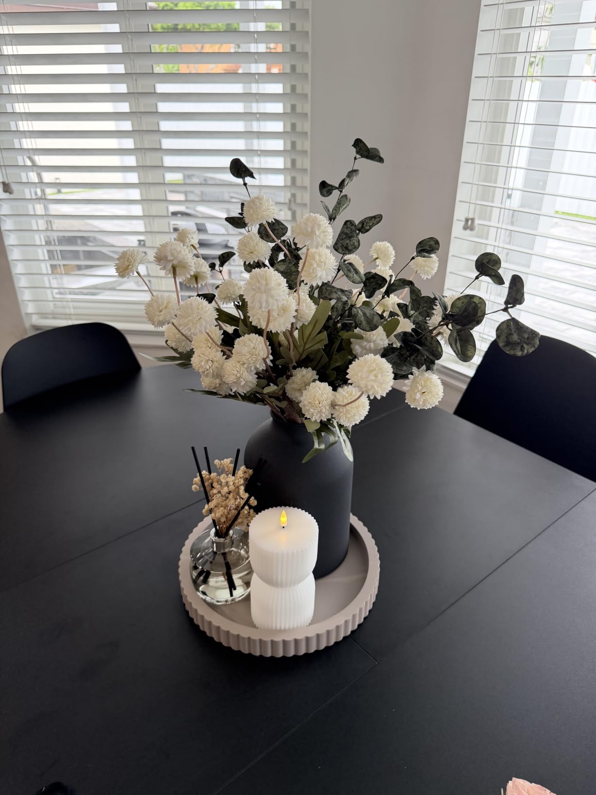 BLOSMON Fake Flowers Centerpieces for Tables, Beige Mums for Dining Room | With Metal Vase 12 Stems of Artificial Pom Pom Eucalyptuses, Faux Floral Arrangements in Vase for Entry Way Table, Home Decor customer photo 1