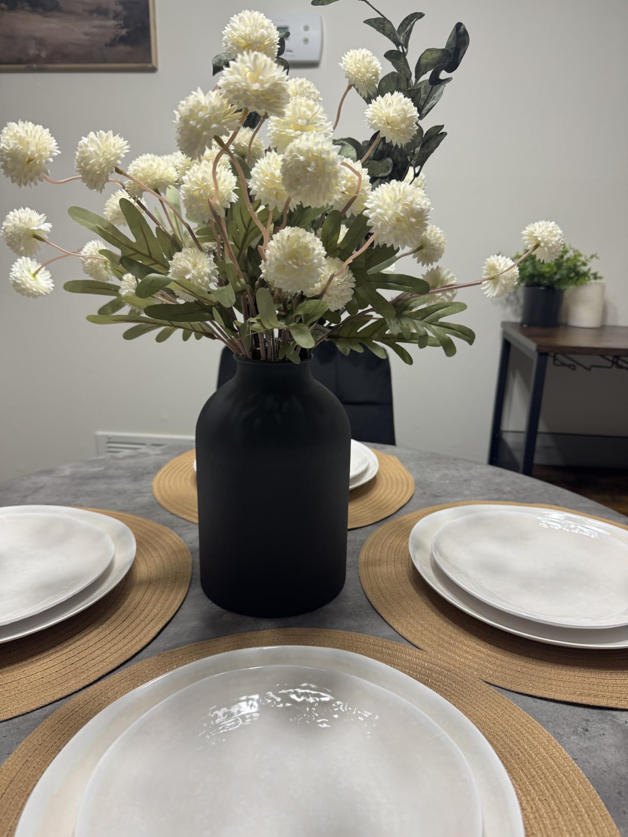 BLOSMON Fake Flowers Centerpieces for Tables, Beige Mums for Dining Room | With Metal Vase 12 Stems of Artificial Pom Pom Eucalyptuses, Faux Floral Arrangements in Vase for Entry Way Table, Home Decor customer photo 2