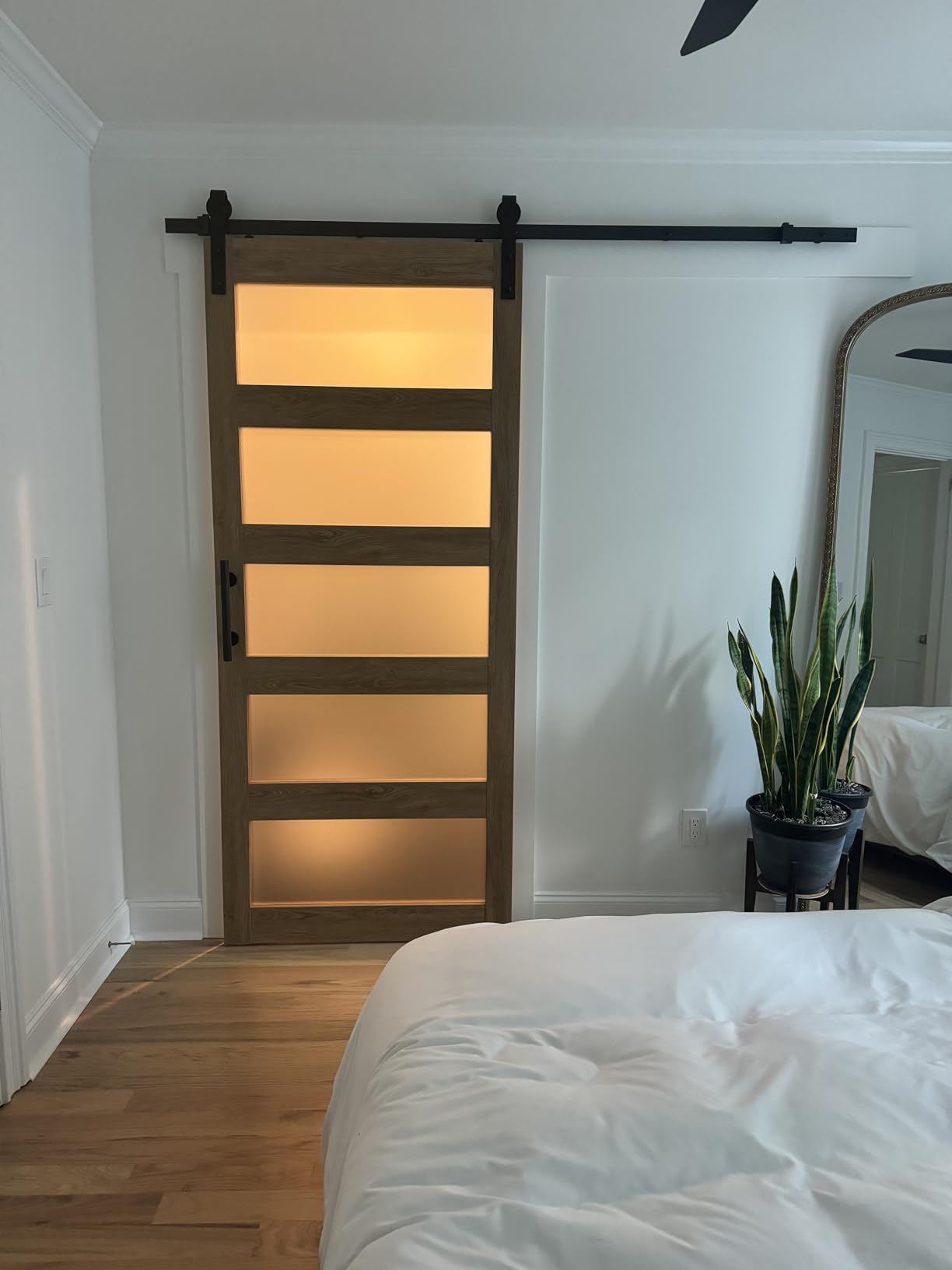 36in x 84in 5-Panel Sliding Glass Barn Door with 4ft Hardware Kit | Easy Assembly with Pre-Drilled Holes, Waterproof, Frosted Glass for Bathroom-Fit Max Opening 34in x 82in customer photo 1