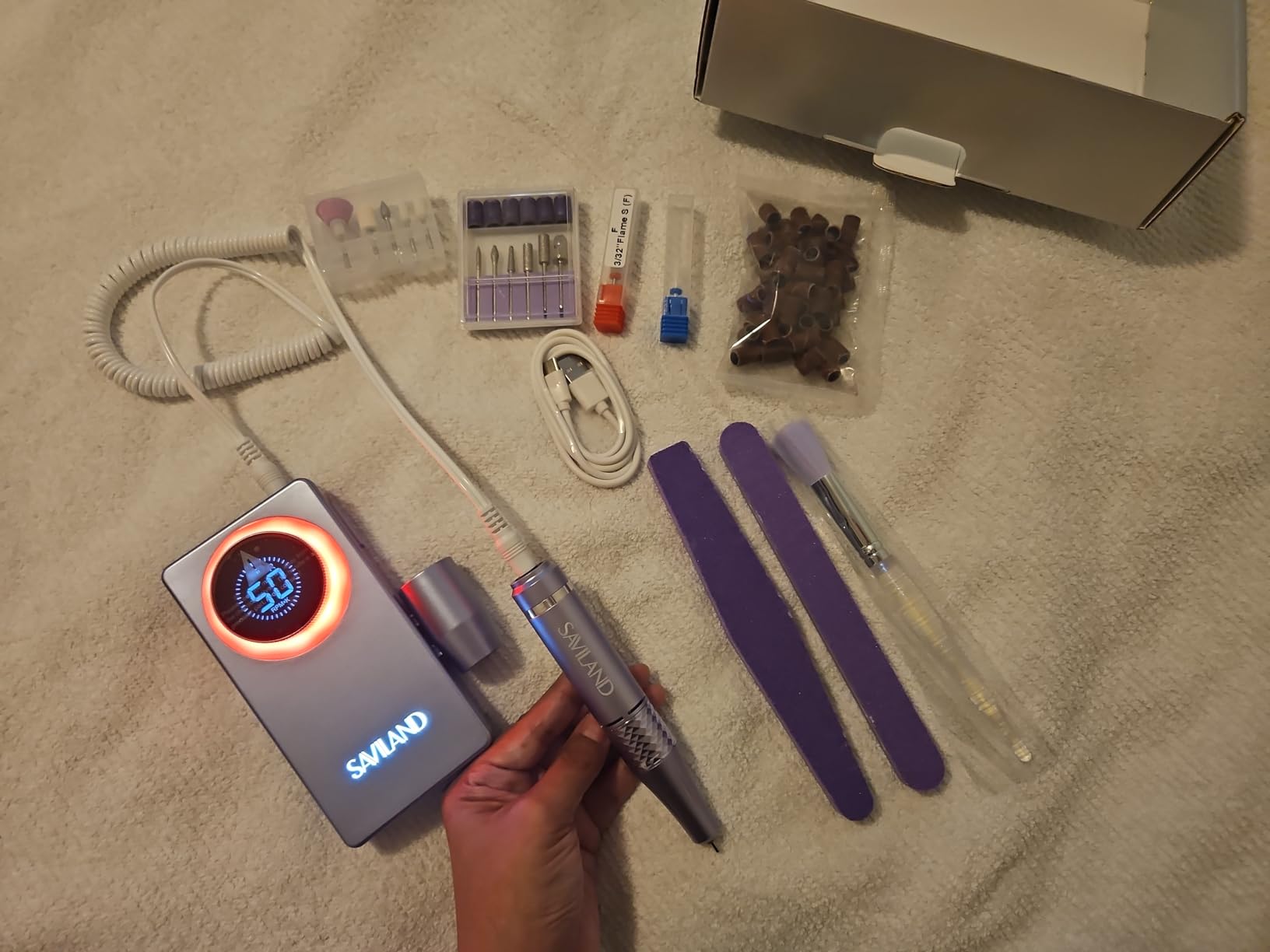 SAVILAND Nail Drill Professional 40000RPM 30S Fast Removal for Acrylic Nail | Low noise running, 4000mAh battery Long-Lasting, Complete drill bit set, Salon&mobile tech use, LCD display, Gradient Purple customer photo 1
