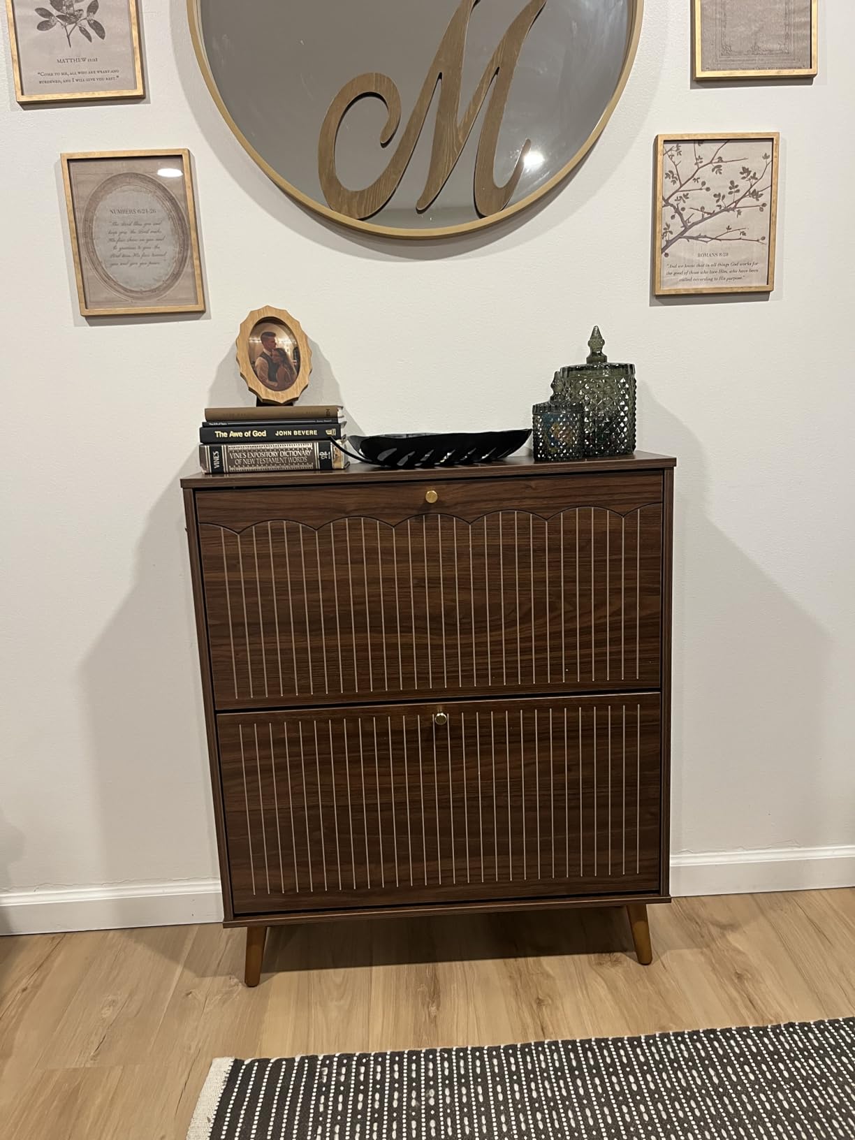 Nicetree Freestanding Ultra Slim Arched Accent Entryway Shoe Storage - 4 Flip Drawers & 3-Tier Adjustable Shelves, Modern Slim Shoe Cabinet for Hallway, Foyer (Amber Oak) customer photo 2