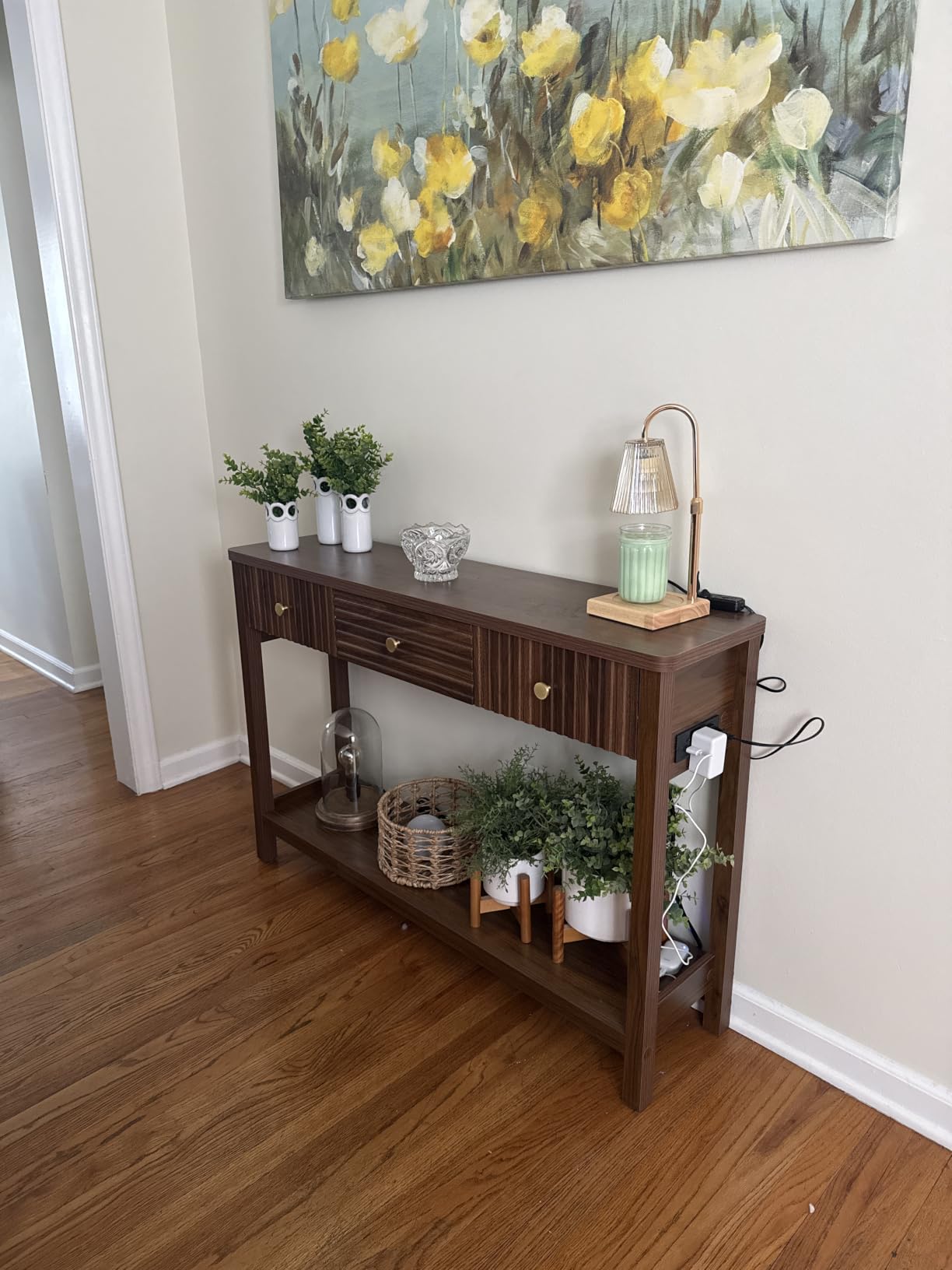 Decofy 47'' Fluted Console Table with Charging Station & 3 Drawers, Walnut | Mid Century Modern Sofa Table with Outlets and USB-C Port, Open Shelf, Entryway Table for Behind Couch, Hallway, Foyer customer photo 1