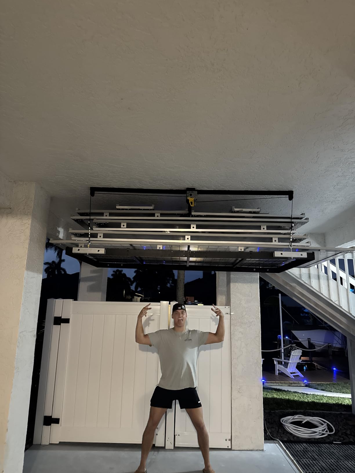 FERO Overhead Garage Storage Rack 4x8, 500 lb Heavy-Duty Capacity | Garage Ceiling Storage Racks with Safety Lock, Drop Down Overhead Storage System, Ceiling lift Organizer customer photo 1