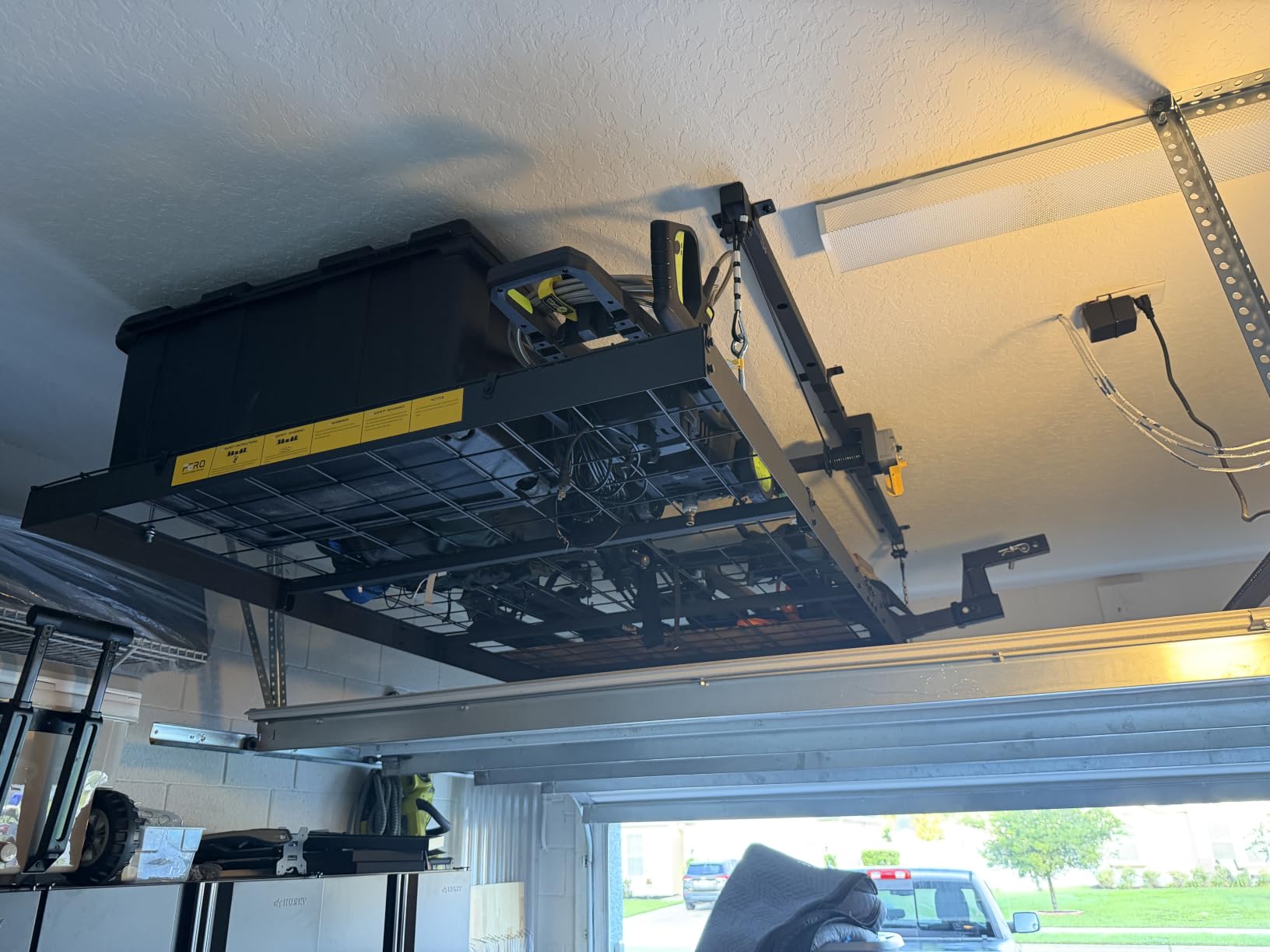 FERO Overhead Garage Storage Rack 4x8, 500 lb Heavy-Duty Capacity | Garage Ceiling Storage Racks with Safety Lock, Drop Down Overhead Storage System, Ceiling lift Organizer customer photo 2