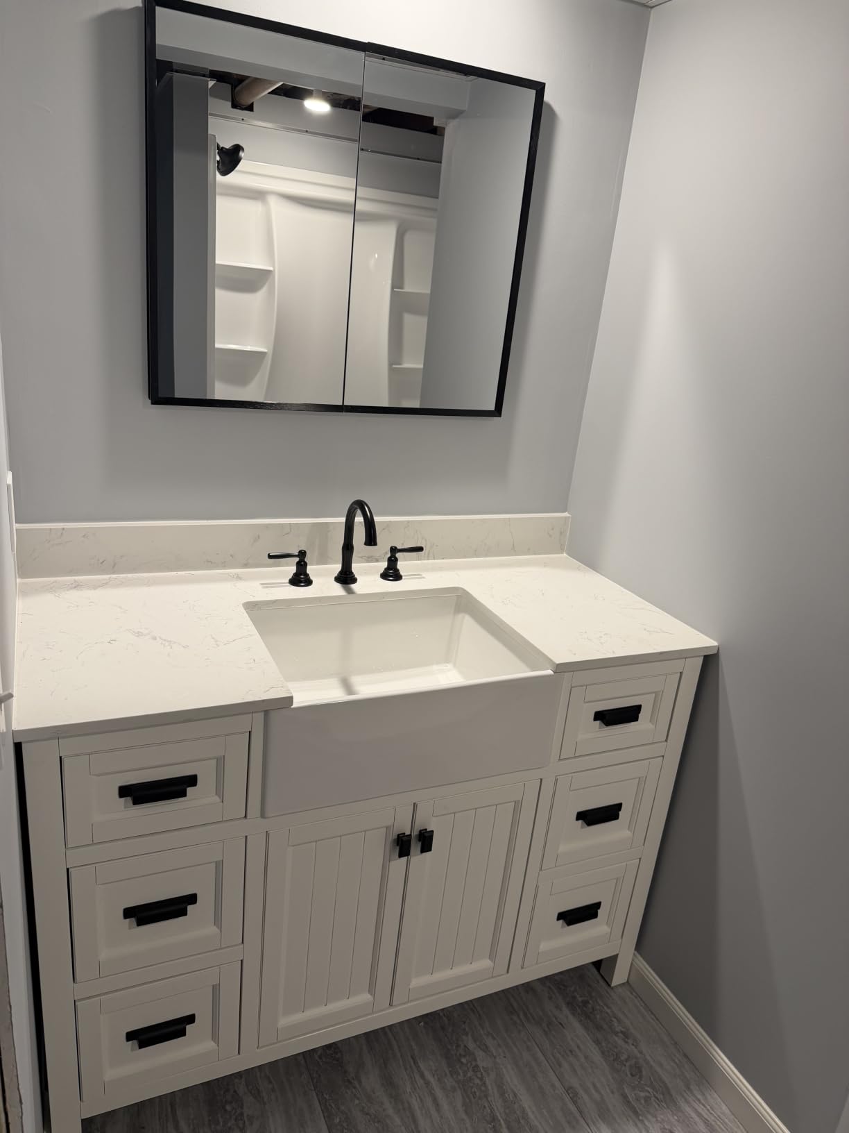 48 Inch Bathroom Vanity with Sink, Freestanding Single Sink Bathroom Vanities with Soft Close Doors & Drawers, Carrara Stone Top & Backsplash, No Assembly Required, Black customer photo 1