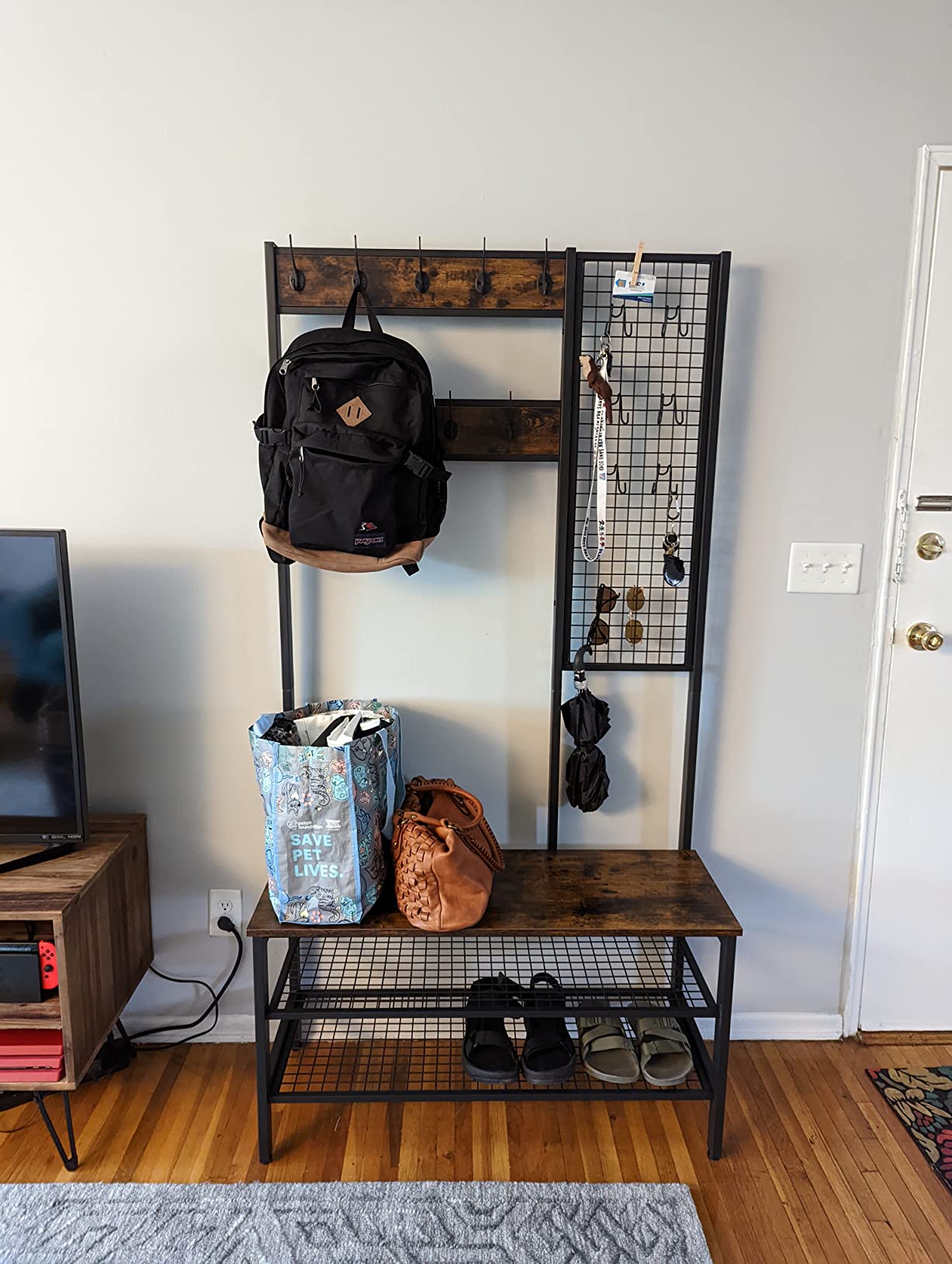 VASAGLE 5-in-1 Hall Tree with Bench and Shoe Storage, Adjustable LED Light | Coat Rack, 7 Double Hooks, Farmhouse Entryway Furniture, Rustic White, HAINS Collection UHSR653WJ03S customer photo 1